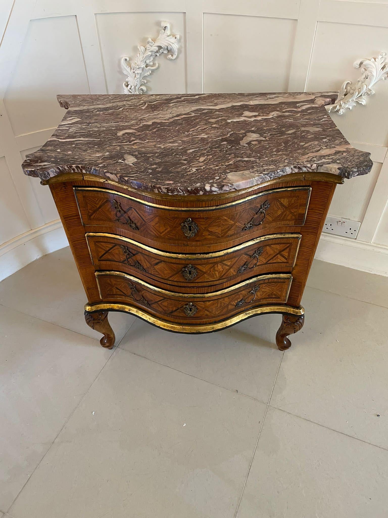 French Antique Quality Parquetry Inlaid Serpentine Shaped Marble Top Commode Chest For Sale