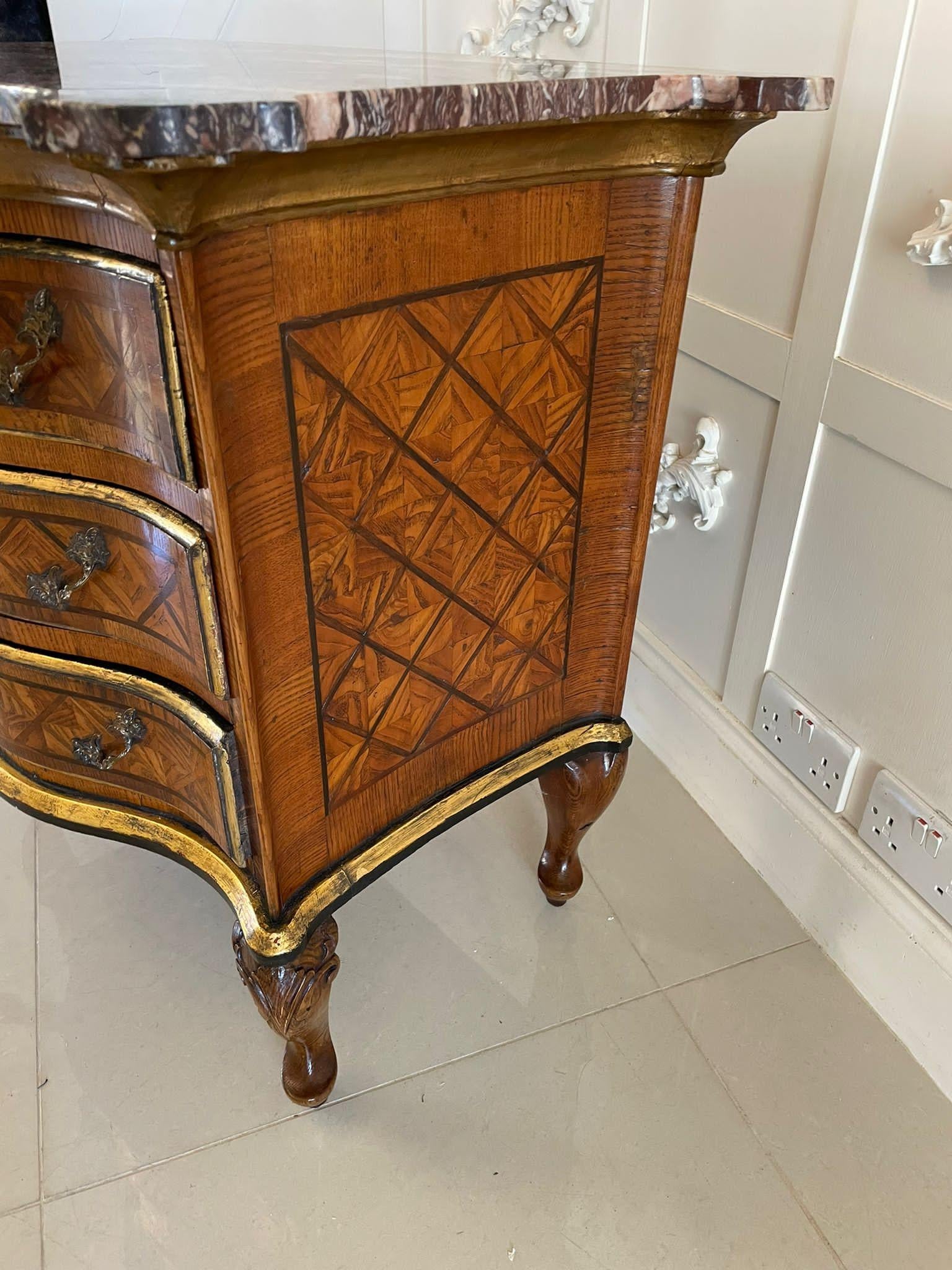 18th Century and Earlier Antique Quality Parquetry Inlaid Serpentine Shaped Marble Top Commode Chest For Sale