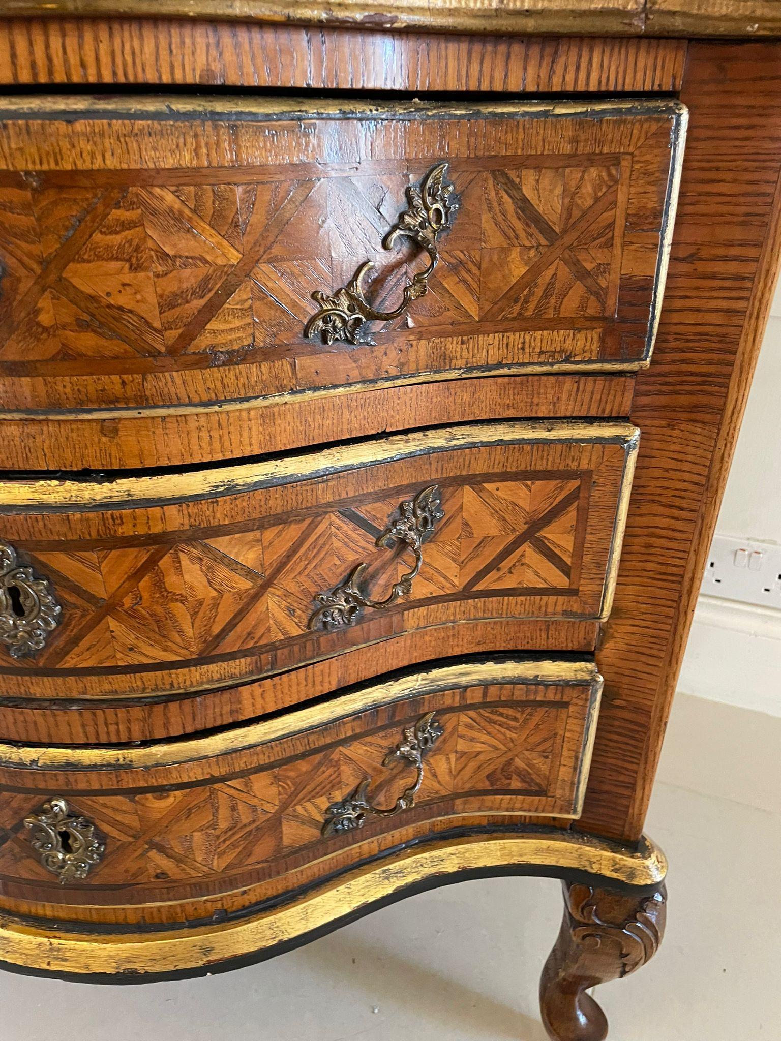 Antique Quality Parquetry Inlaid Serpentine Shaped Marble Top Commode Chest For Sale 1