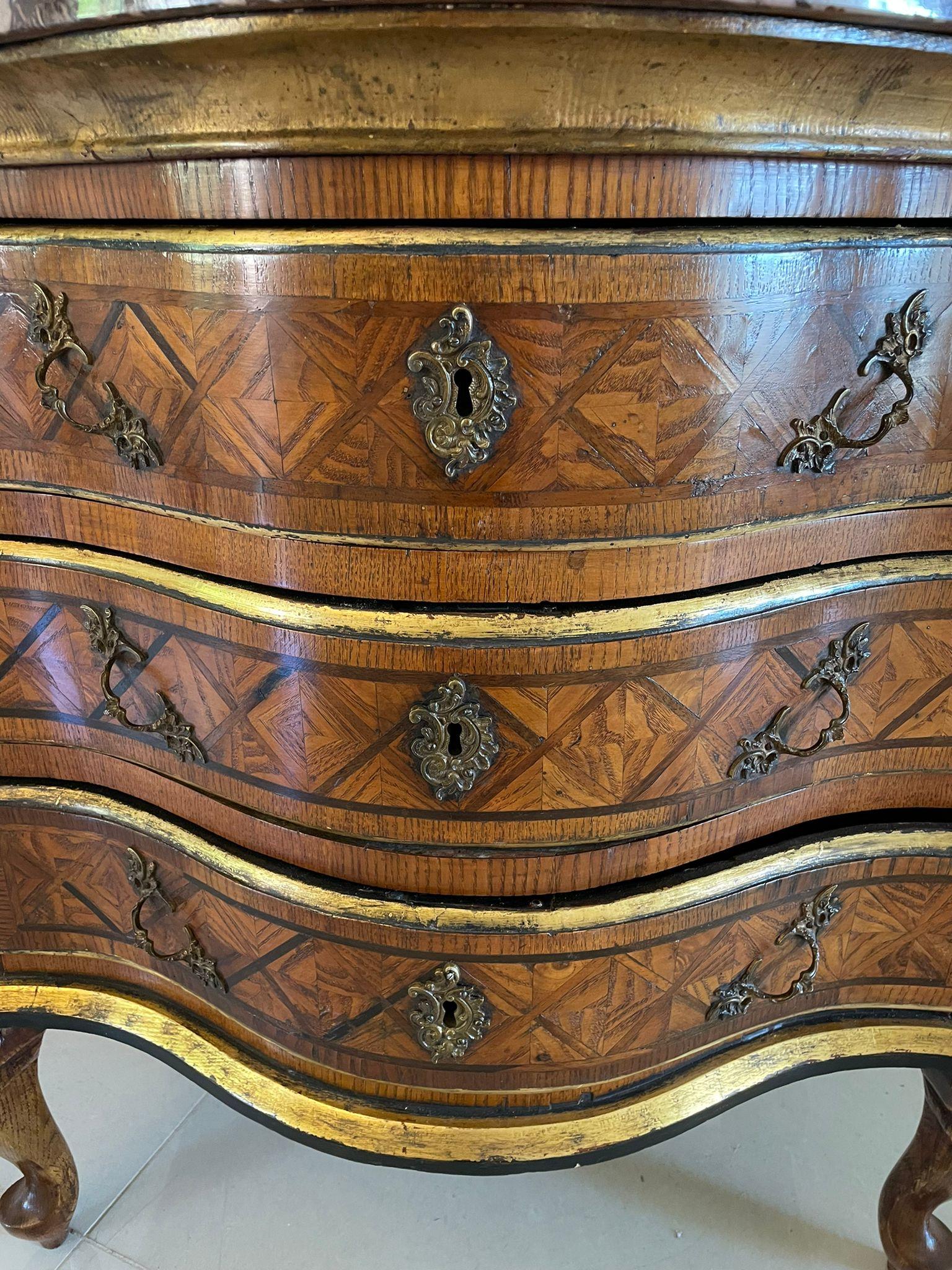 Antique Quality Parquetry Inlaid Serpentine Shaped Marble Top Commode Chest For Sale 2