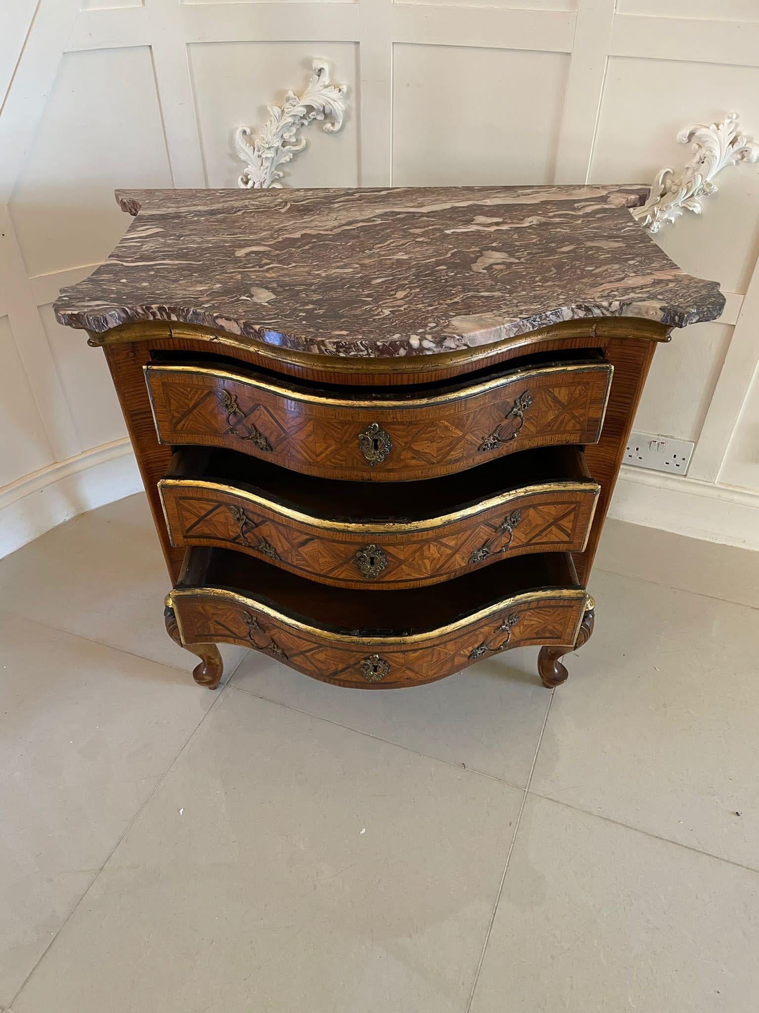 Antique Quality Parquetry Inlaid Serpentine Shaped Marble Top Commode Chest For Sale 3