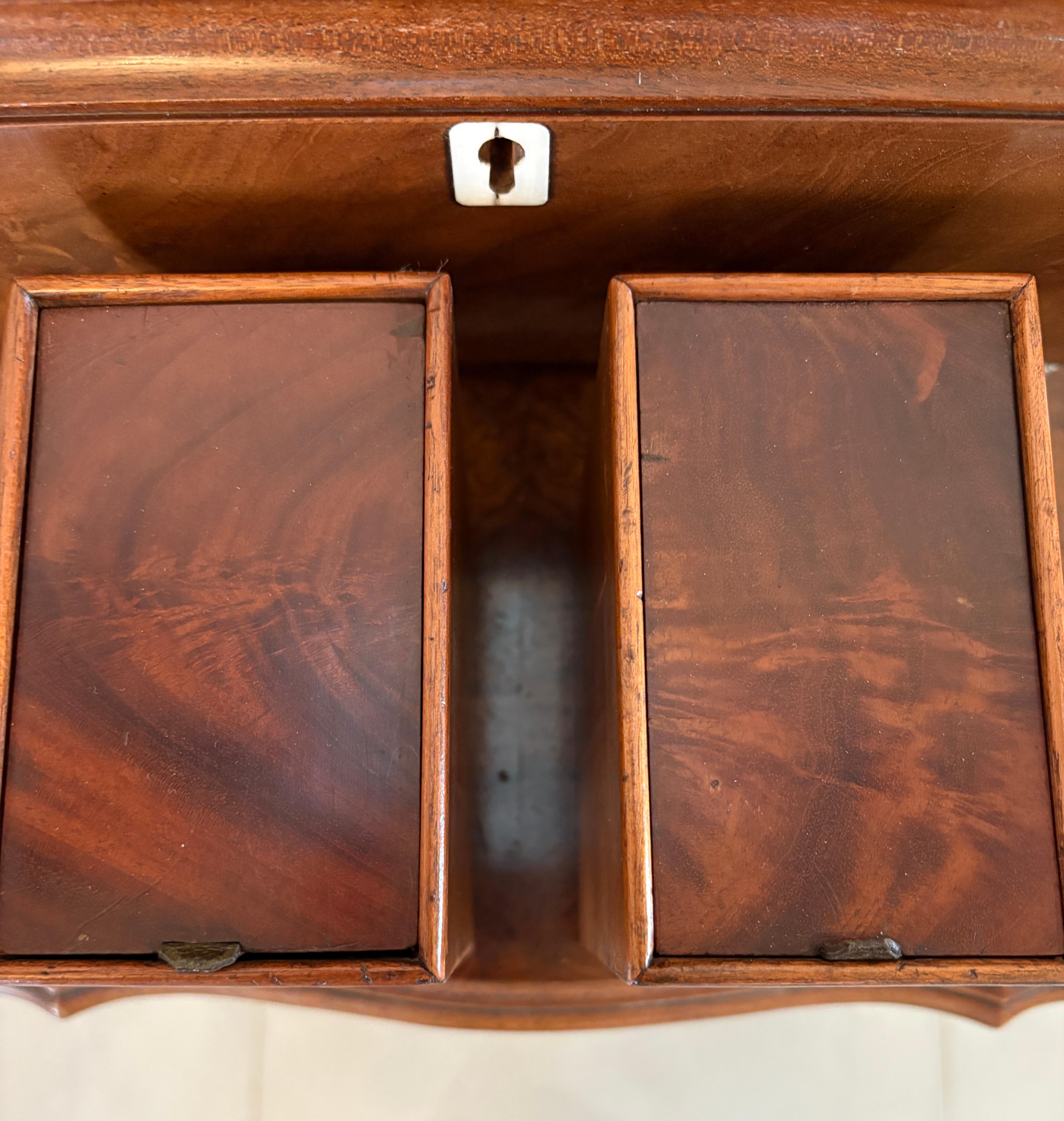 Antike Qualität Regency gemaserten Mahagoni Tee Caddy mit einem gemaserten Mahagoni Deckel Öffnung zu offenbaren drei Fächern ausgestattet, geformt Bombe Seiten und vorne, original Messing Löwenkopf Tragegriff und Knochen Wappen stehen auf hübschen