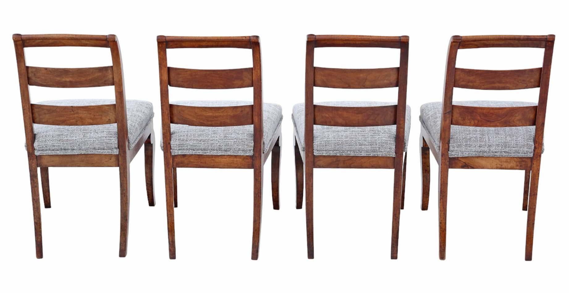 Antique set of 4 high-quality 19th-century fruitwood dining chairs. These chairs feature delightful compact proportions and showcase the finest coloration and patina.

They are free from loose joints or woodworm. The upholstery is not new but