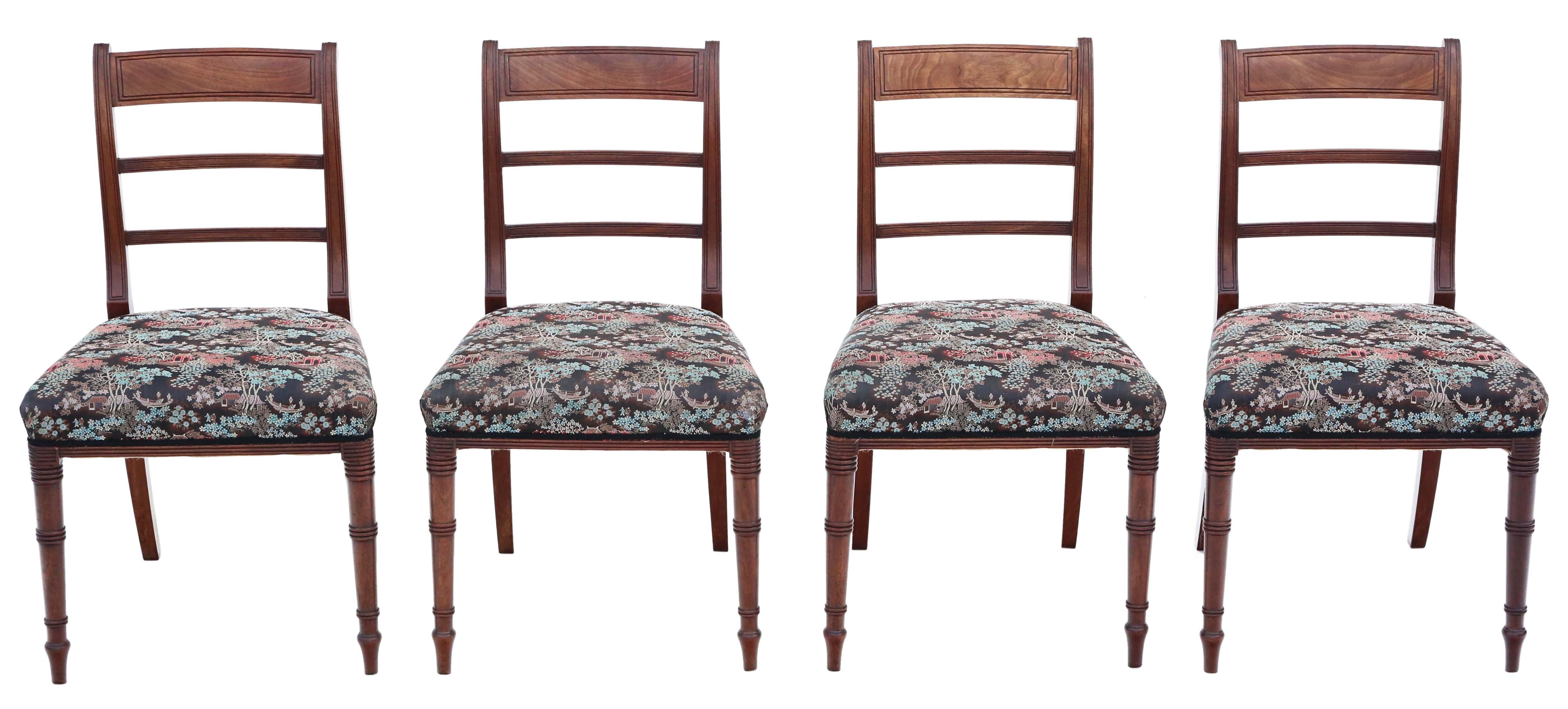 Antique quality set of 4 Georgian mahogany dining chairs C1800 Chinoiserie fabric.

No loose joints.

Recent professional upholstery in good condition. Lovely simple design.

Overall maximum dimensions: 49cmW x 53cmD x 84cmH (45cmH seat when sat