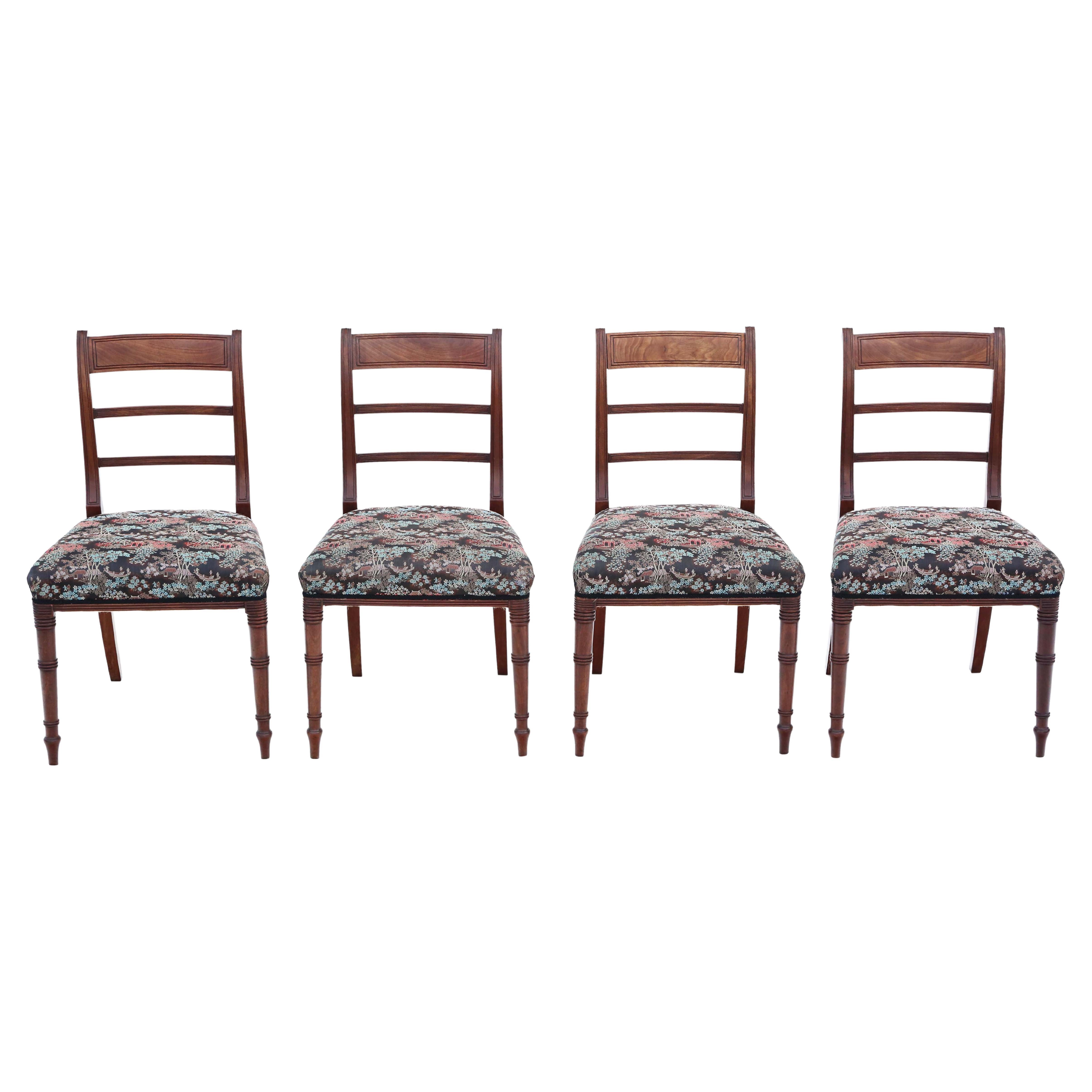 Antique quality set of 4 Georgian mahogany dining chairs C1800 Chinoiserie For Sale