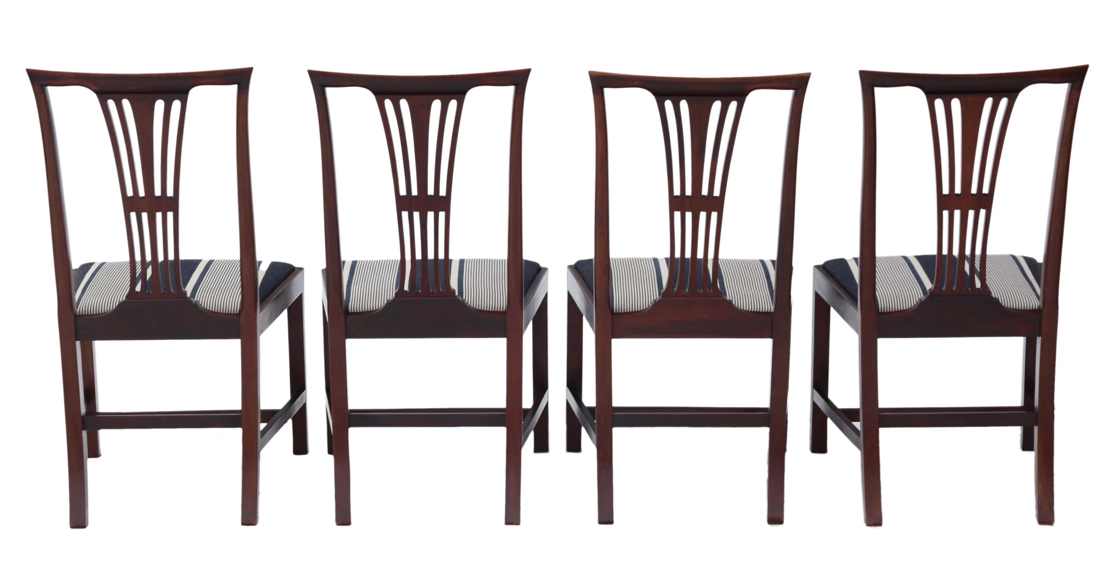 Antique quality set of 4 Victorian circa 1900 mahogany dining chairs.

Solid and strong with no loose joints and no woodworm.

The upholstery is new.

Would look great in the right location!

Overall maximum dimensions: 52cm W x 52cm D x