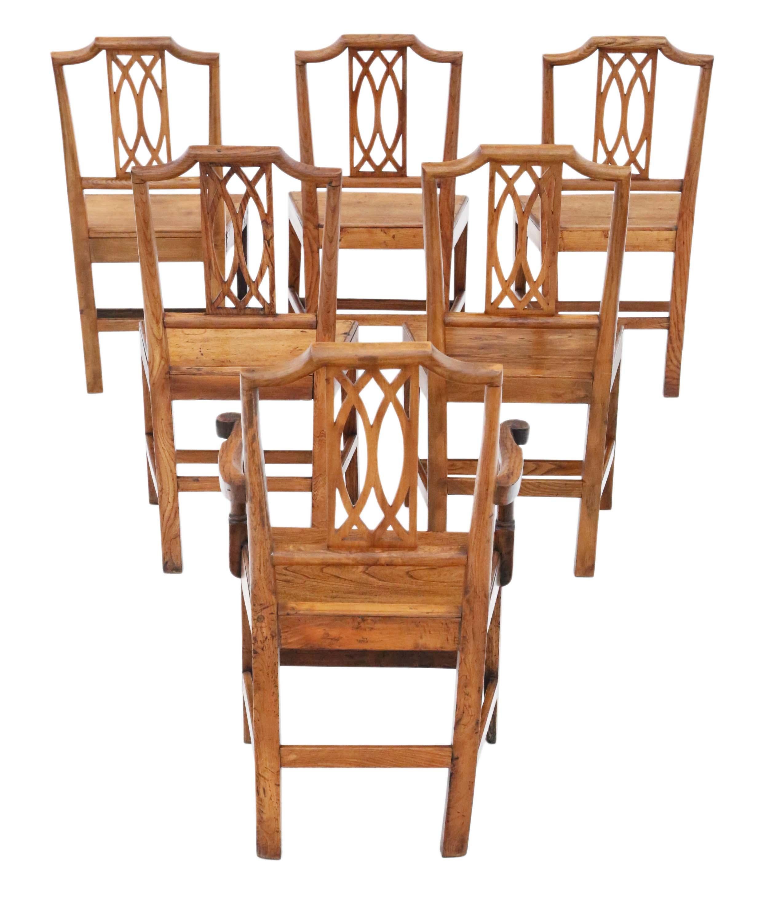 Antique quality set of 6 (5 chairs plus 1 carver) 19th Century elm kitchen dining chairs. Very rare design!

Lovely age, character and charm. No loose joints.

Overall maximum dimensions:

Chair 51cm W x 42cm D x 97cm H (45cm H seat)

Carver
