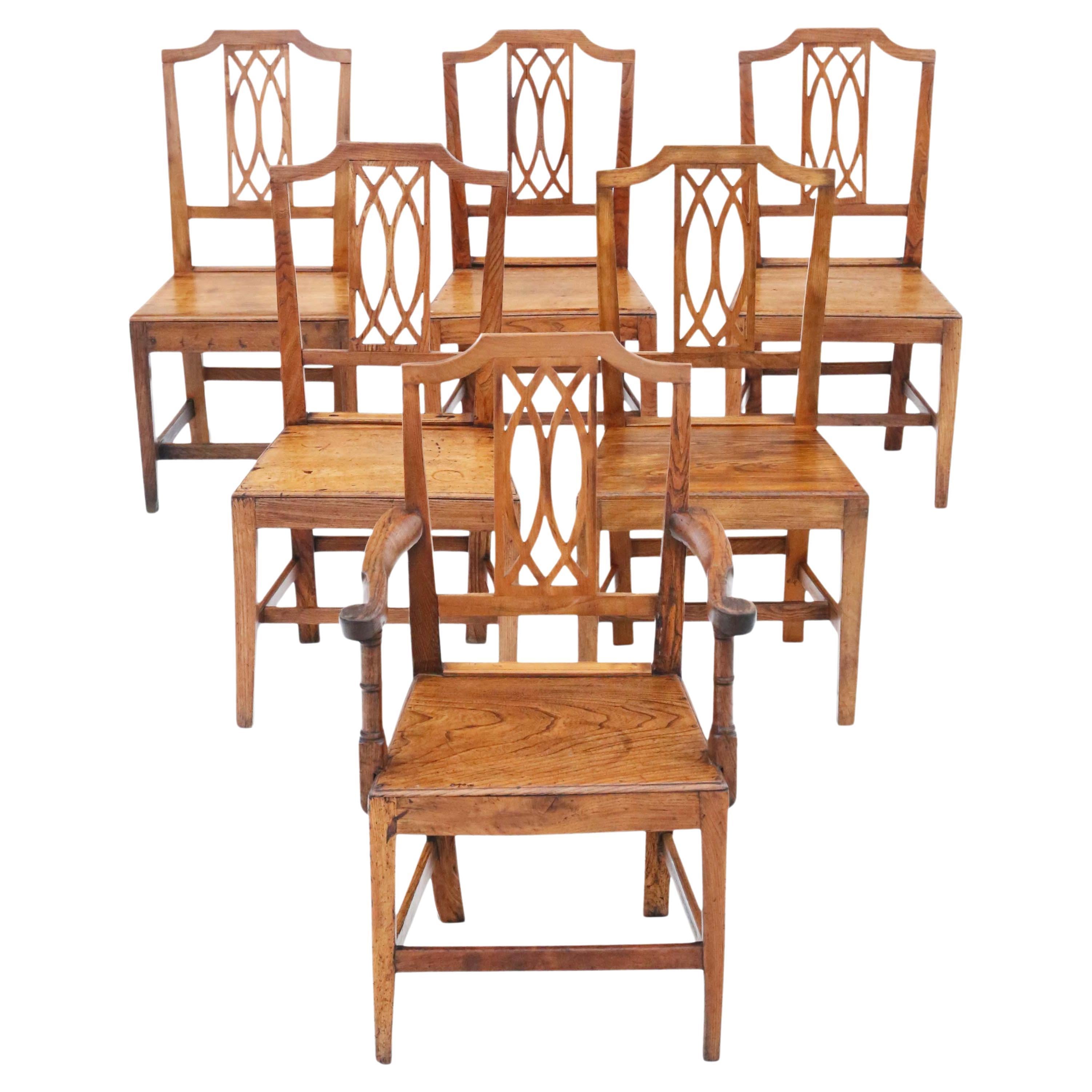 Antique Quality Set of 6 '5 Plus 1' Elm Kitchen Dining Chairs 19th Century