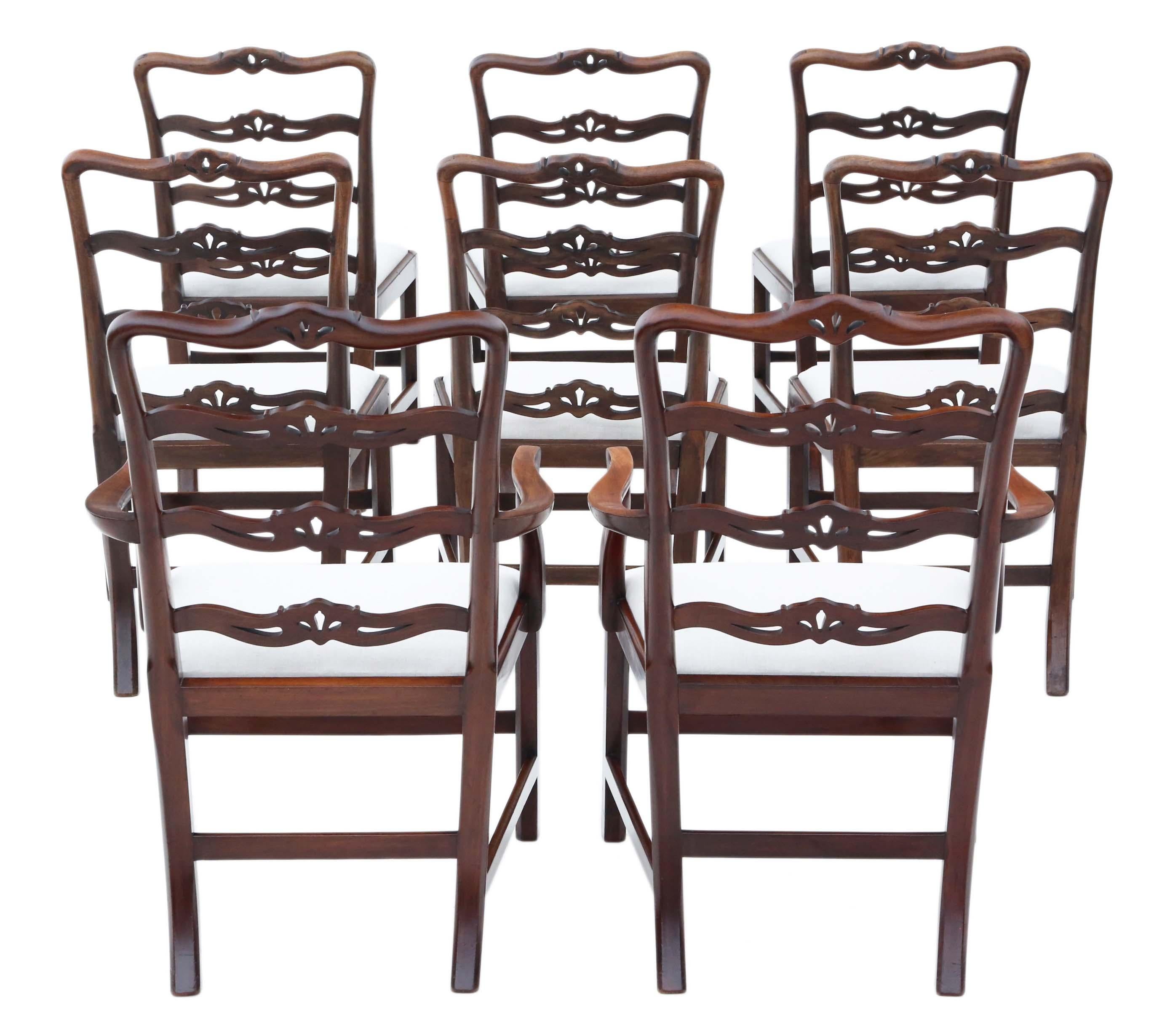 Antique quality set of 8 (6 + 2) mahogany dining chairs 19th Century ribbon back.

No loose joints. Lovely elegant design.

New professional upholstery.

Overall maximum dimensions:

Chair 57cmW x 54cmD x 99cmH (48cmH seat when sat