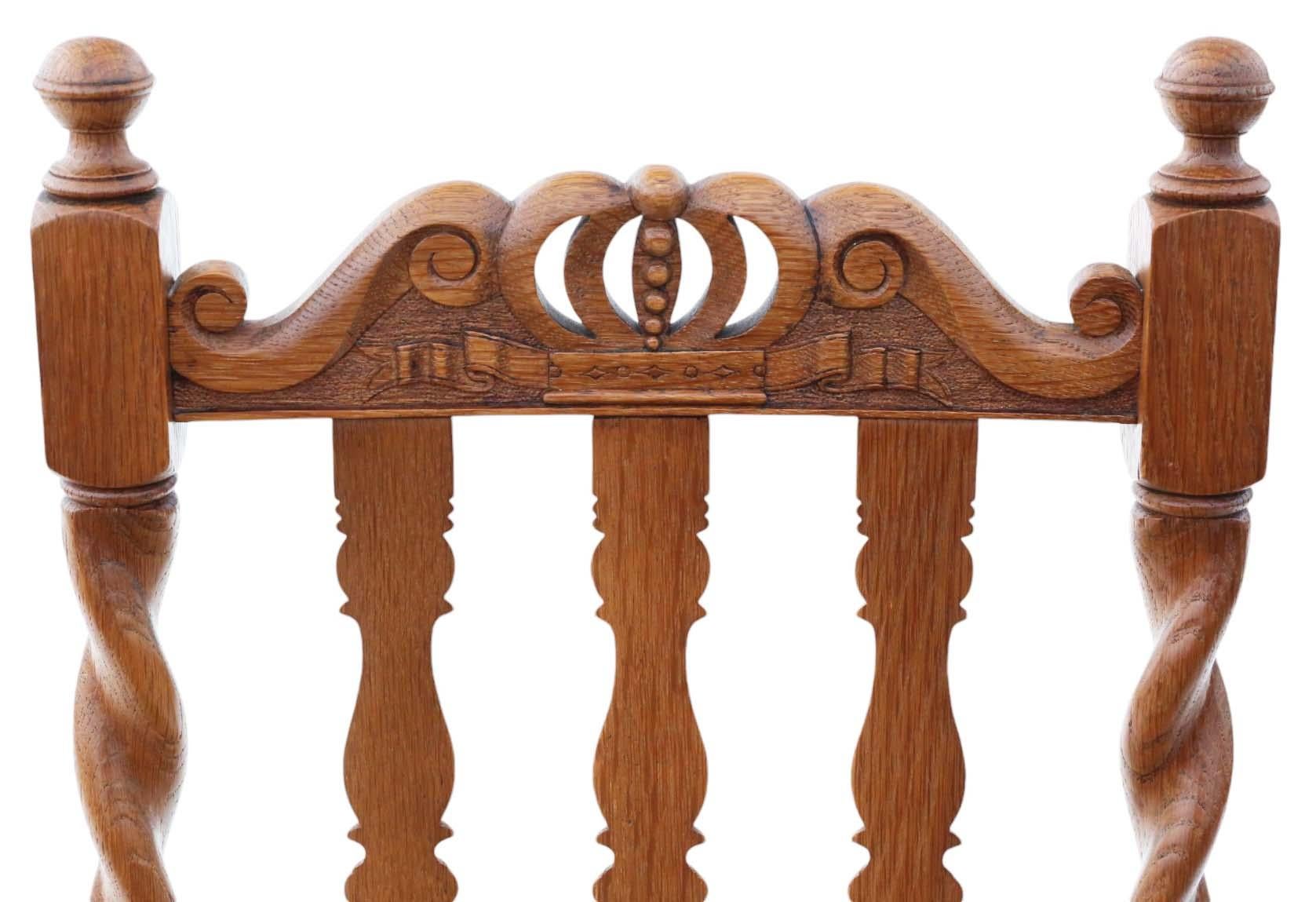 Antique quality set of 8 (6 plus 2) C1920 Twist Mahogany dining chairs Jacobean For Sale 4