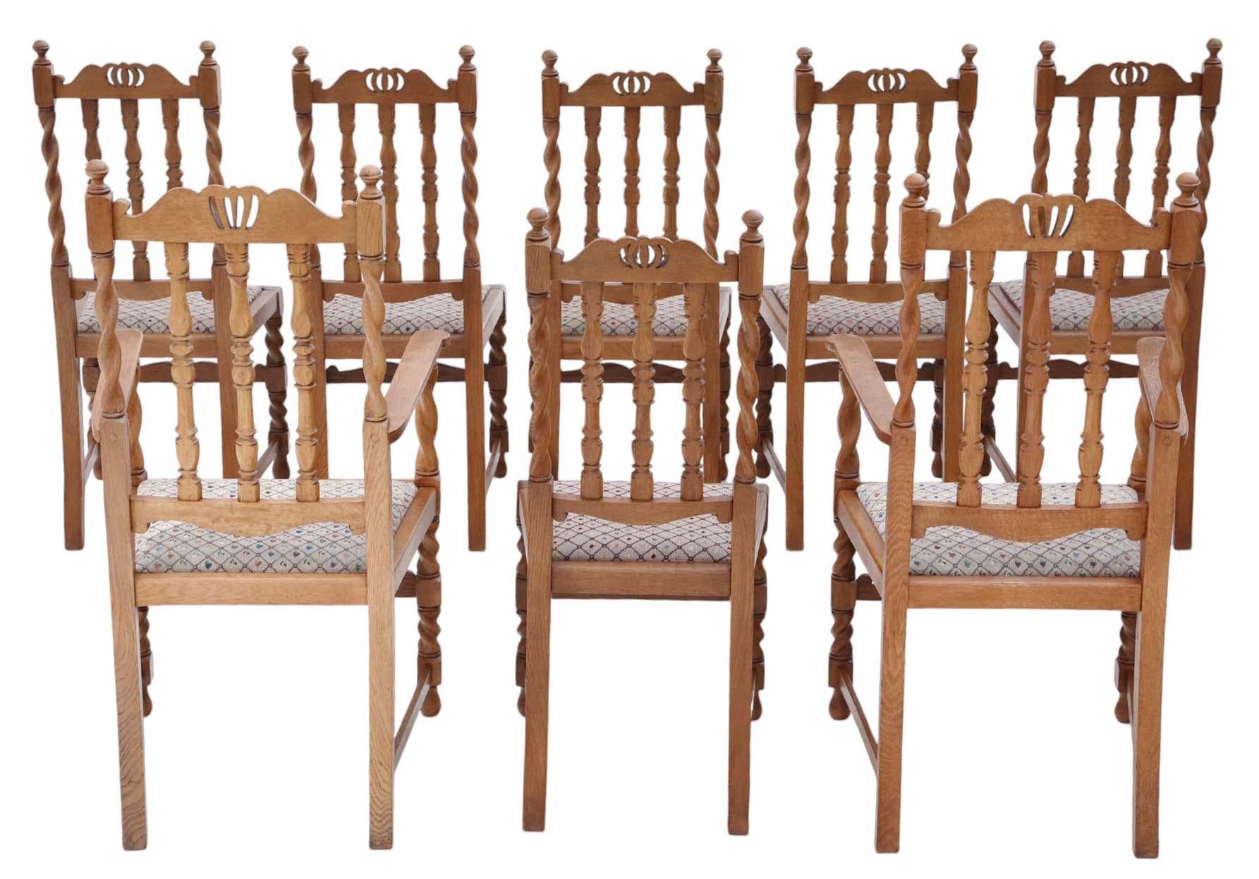 Antique Quality Set of 8 (6 plus 2) C1920 Twist Mahogany Dining Chairs, Jacobean Revival. A rare find with sought-after twist decoration! The chairs feature a lovely light oak colour and have recently been refinished.

These chairs are solidly