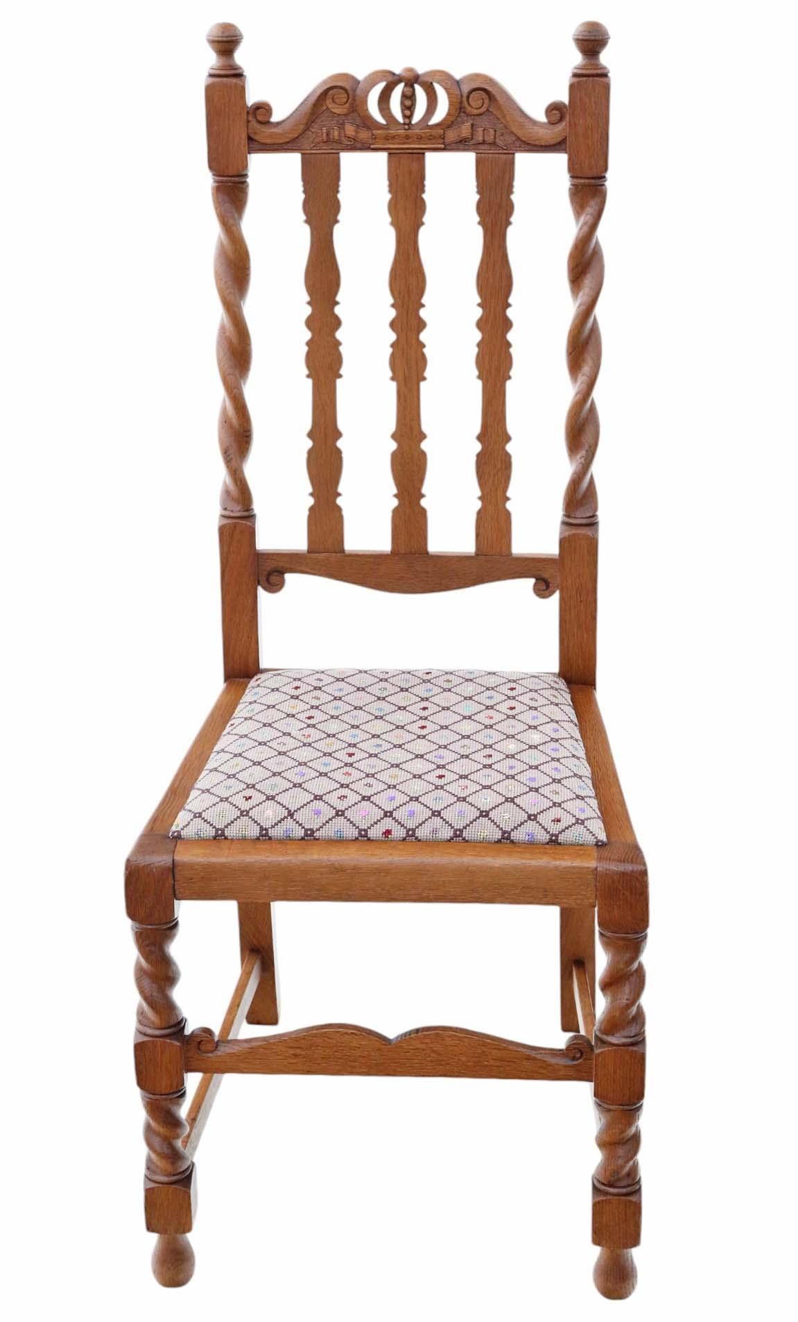 Antique quality set of 8 (6 plus 2) C1920 Twist Mahogany dining chairs Jacobean For Sale 1