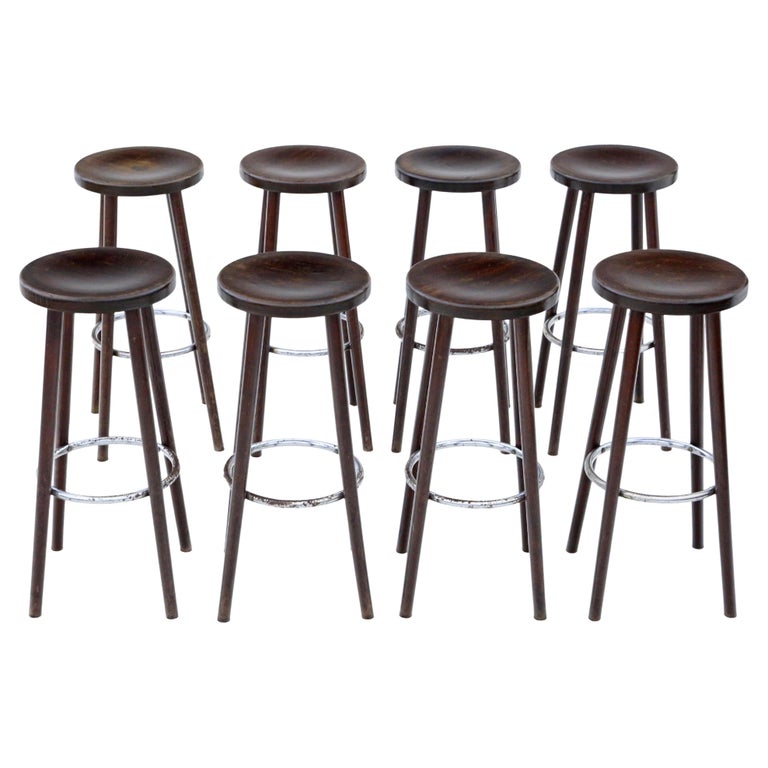 Antique Quality Set of 8 French Bistro Bar Stools, circa 1960 For Sale