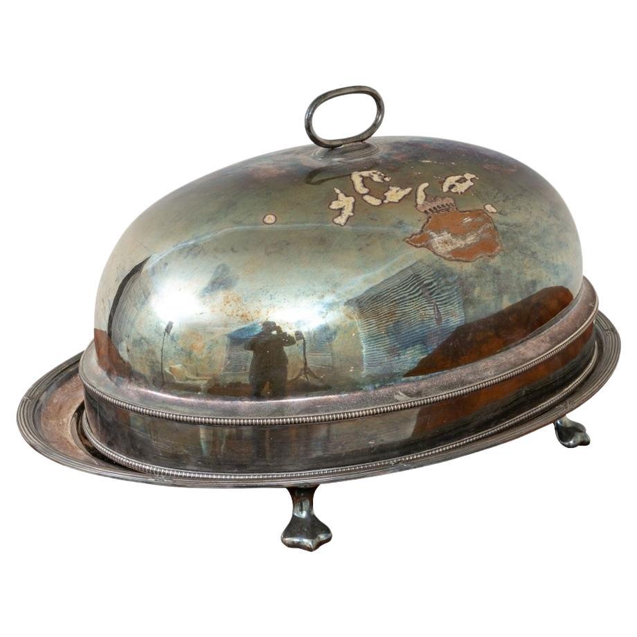 Antique Quality Silver Plated Copper Food Dome and Meat Platter For Sale