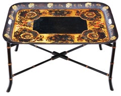 Antique quality Victorian 19th Century decorated black lacquer coffee table tray