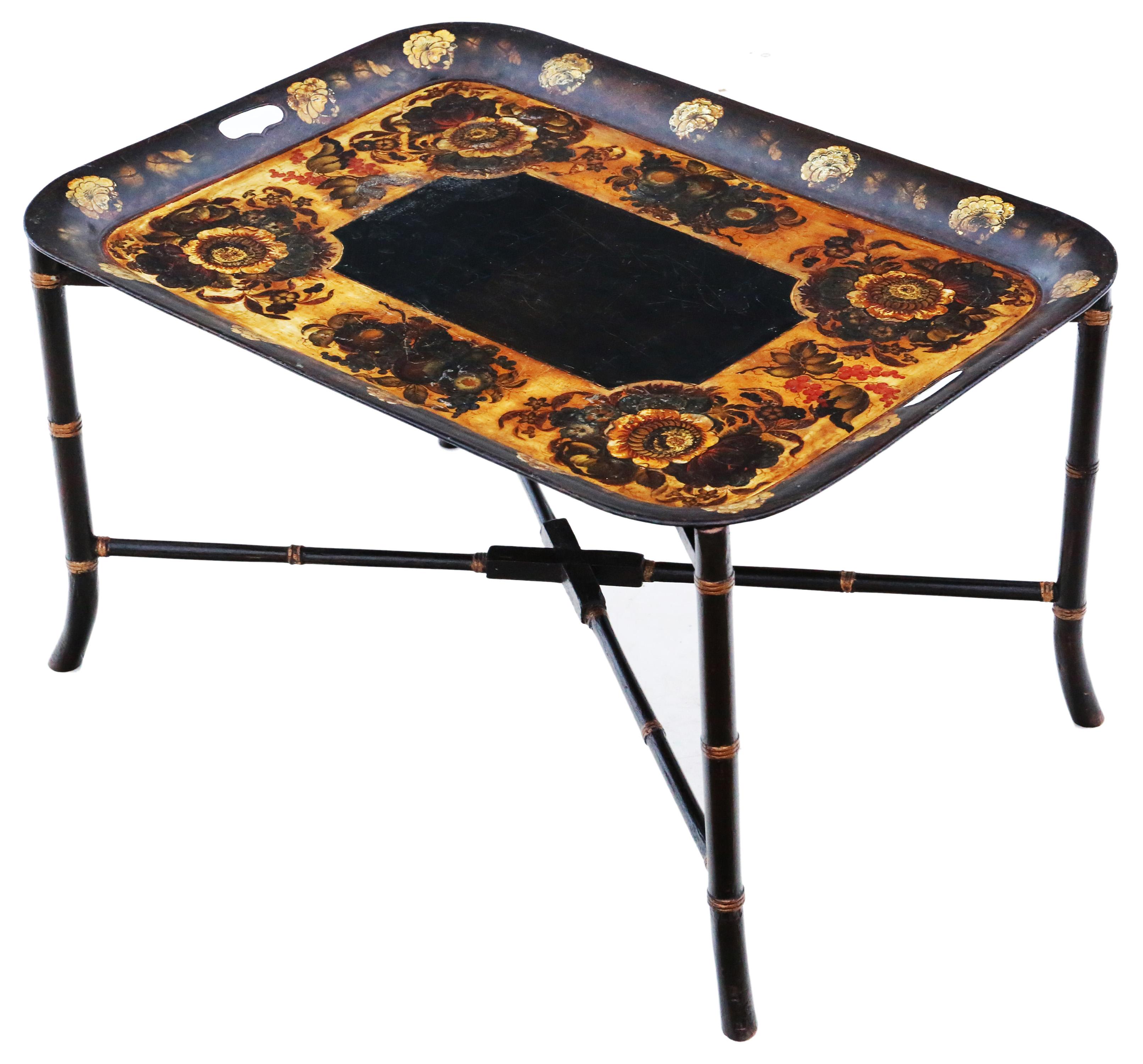 Antique quality Victorian 19th Century decorated black lacquer coffee table tray In Good Condition For Sale In Wisbech, Cambridgeshire