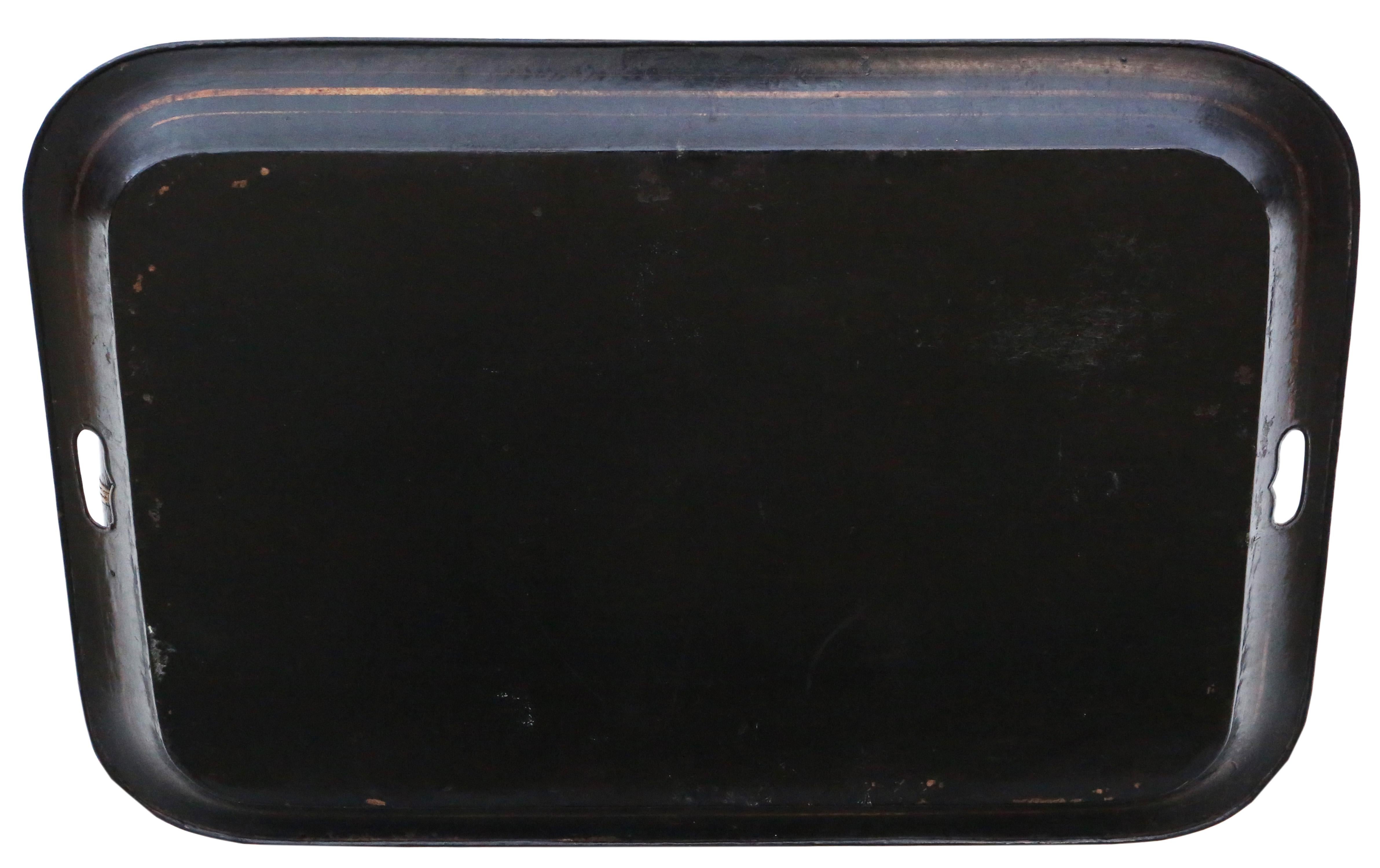 Steel Antique quality Victorian 19th Century decorated black lacquer coffee table tray For Sale
