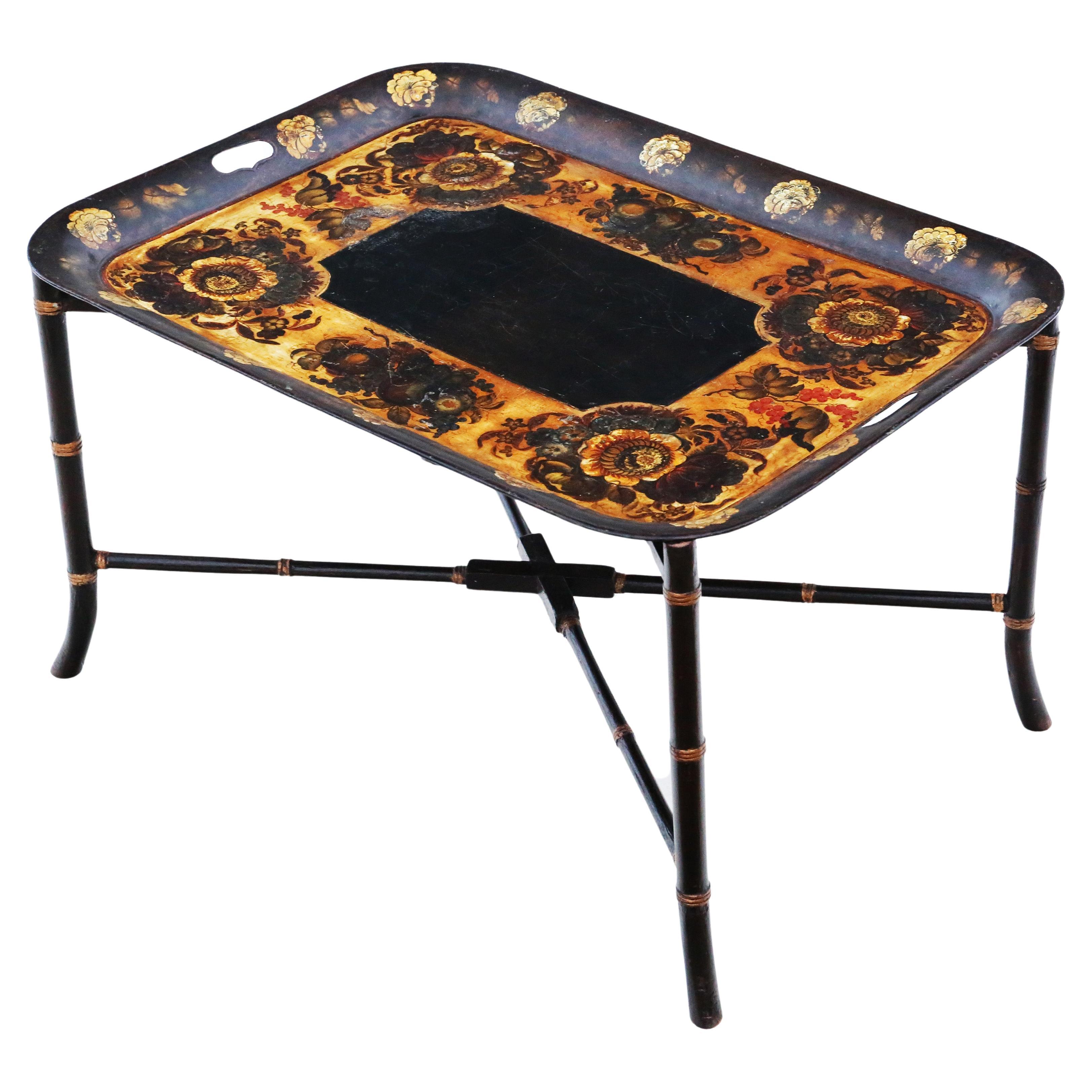 Antique quality Victorian 19th Century decorated black lacquer coffee table tray For Sale