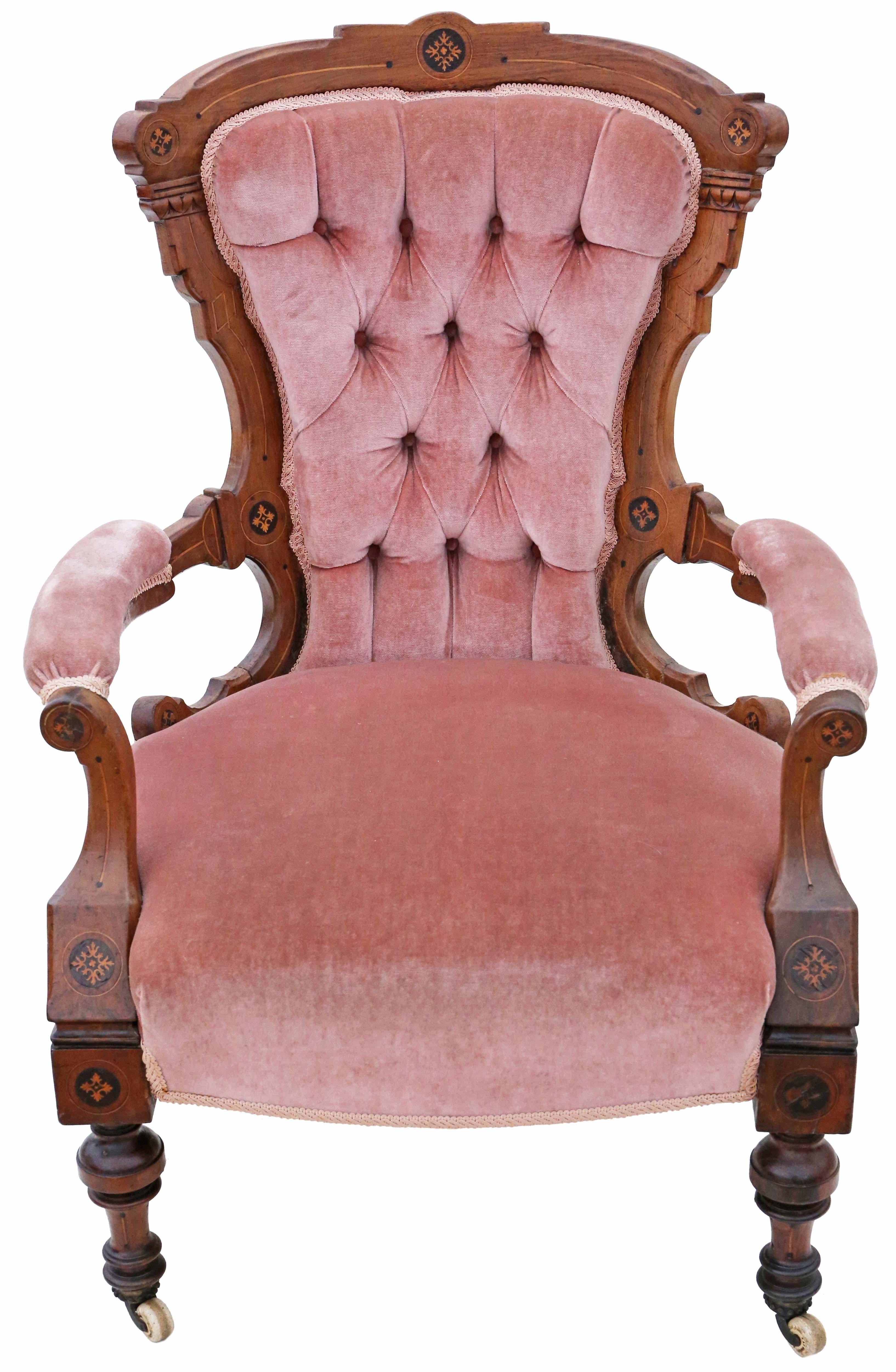 Antique quality Victorian Aesthetic inlaid walnut armchair C1880. Very attractive Aesthetic inlays.

Solid, no loose joints and no woodworm. Full of age, character and charm. A very decorative chair. The dusky pink velour upholstery is not new and