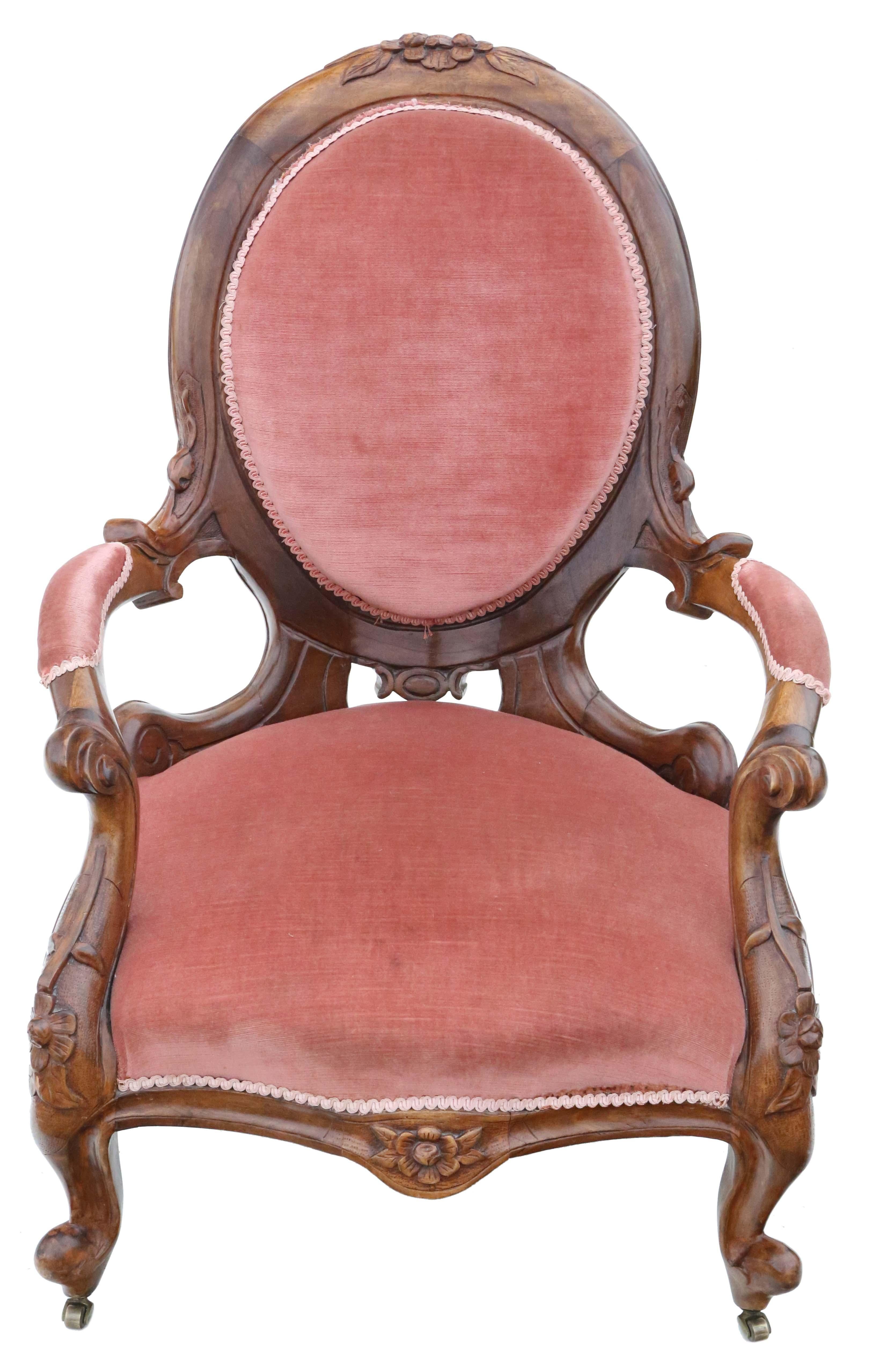 Antique quality Victorian carved walnut spoon back slipper armchair 19th Century.

Solid, no loose joints and no woodworm. Full of age, character and charm. A very decorative chair. The dusky pink velour upholstery is not new and has minor marks