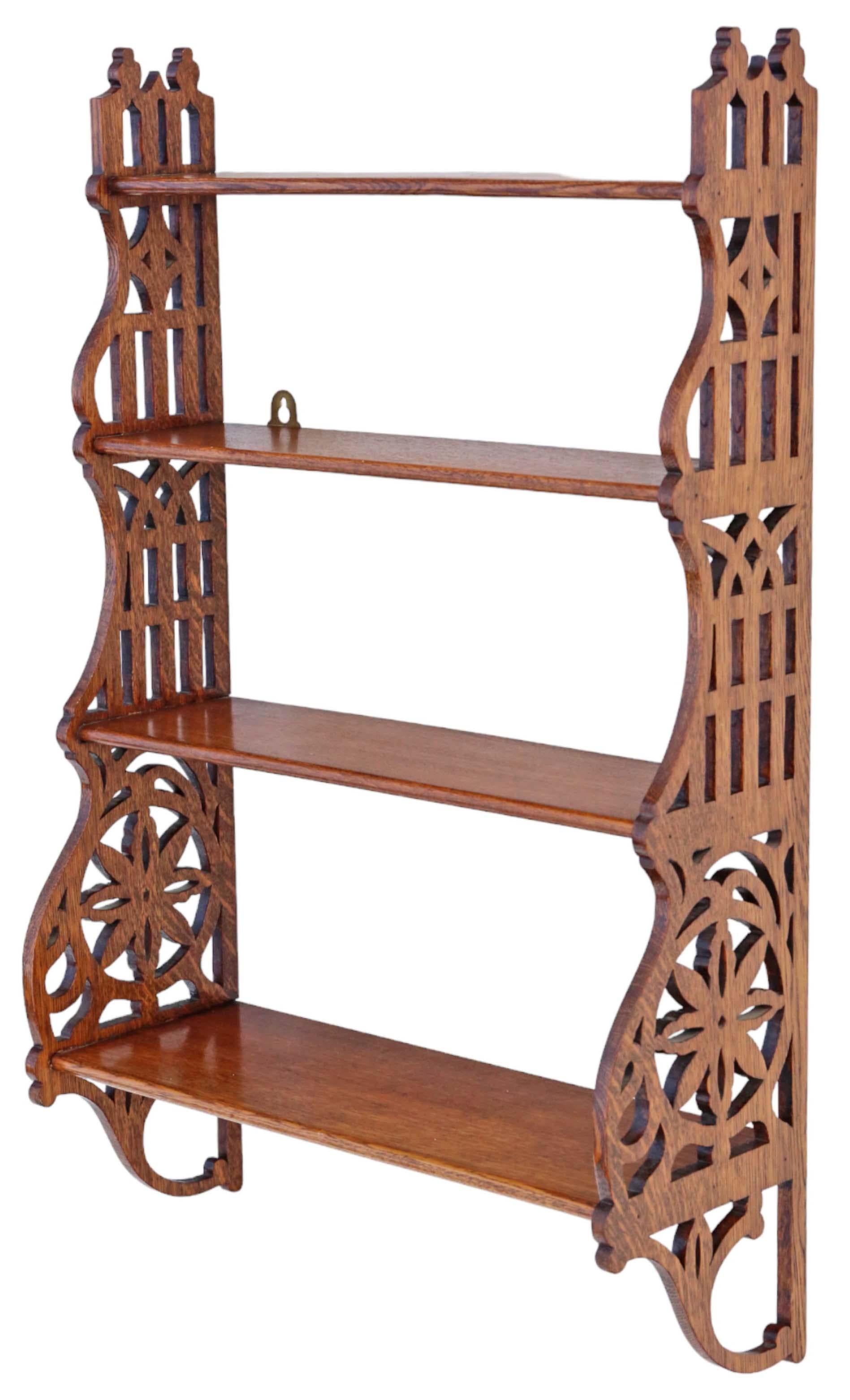 Antique quality Victorian Gothic C1900 fret cut oak bookcase wall shelves. In Good Condition For Sale In Wisbech, Cambridgeshire