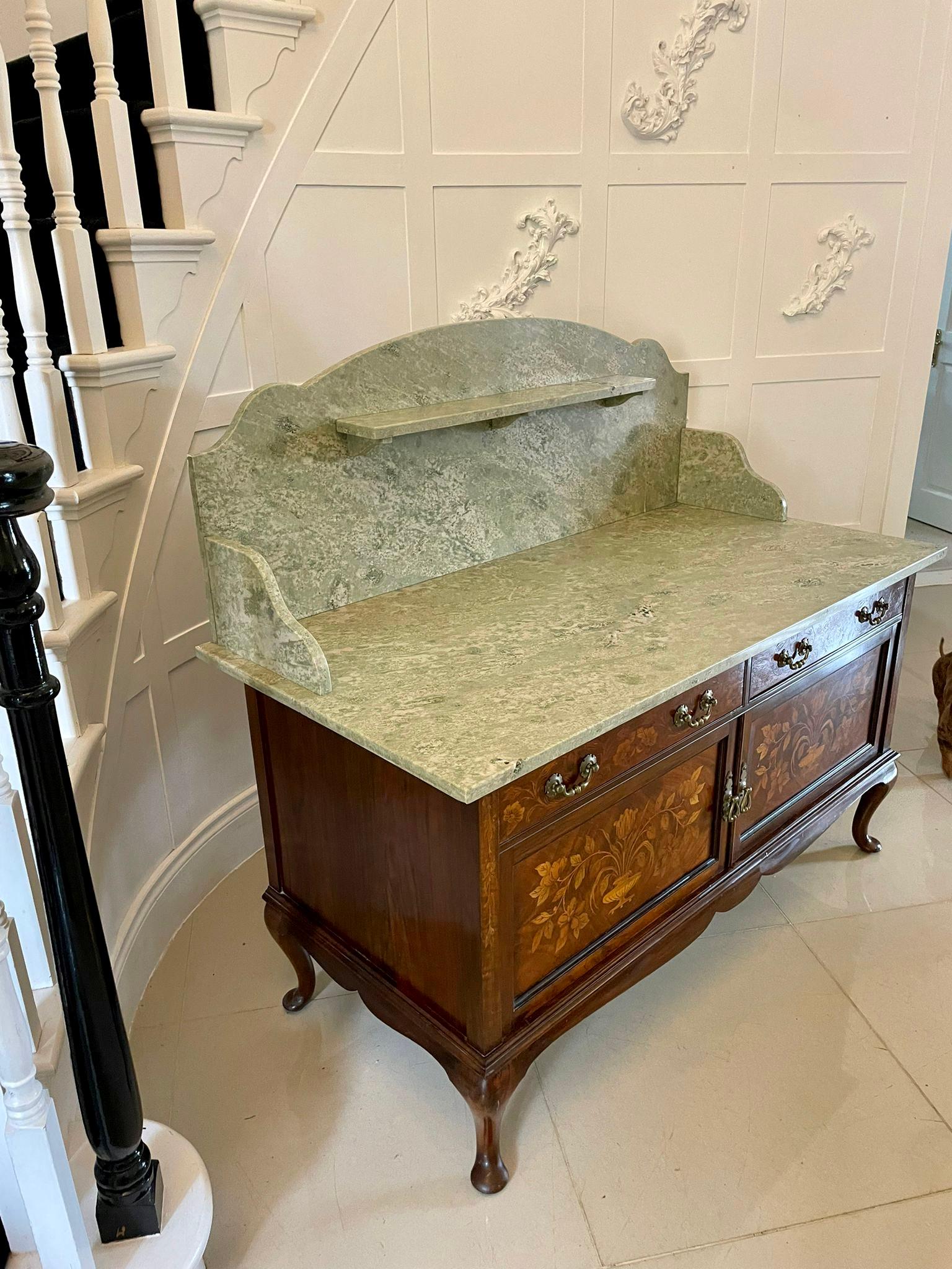 Antique Quality Walnut Floral Marquetry Inlaid Marble Top Washstand/Cabinet 2