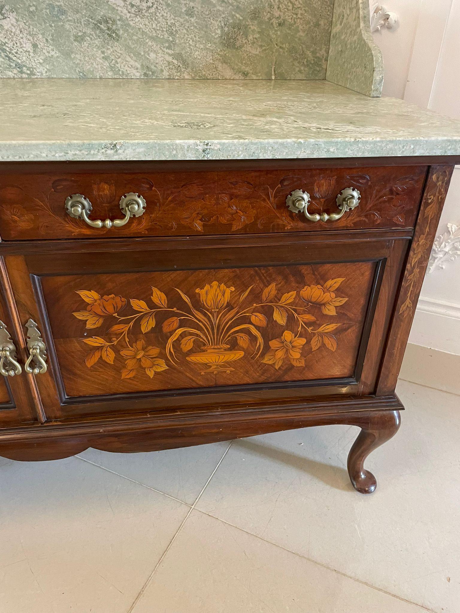 Victorian Antique Quality Walnut Floral Marquetry Inlaid Marble Top Washstand/Cabinet