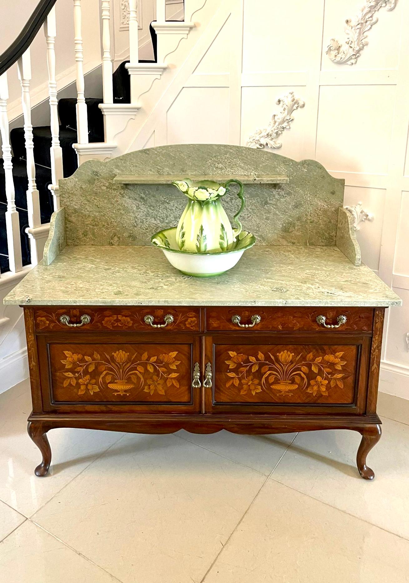 English Antique Quality Walnut Floral Marquetry Inlaid Marble Top Washstand/Cabinet