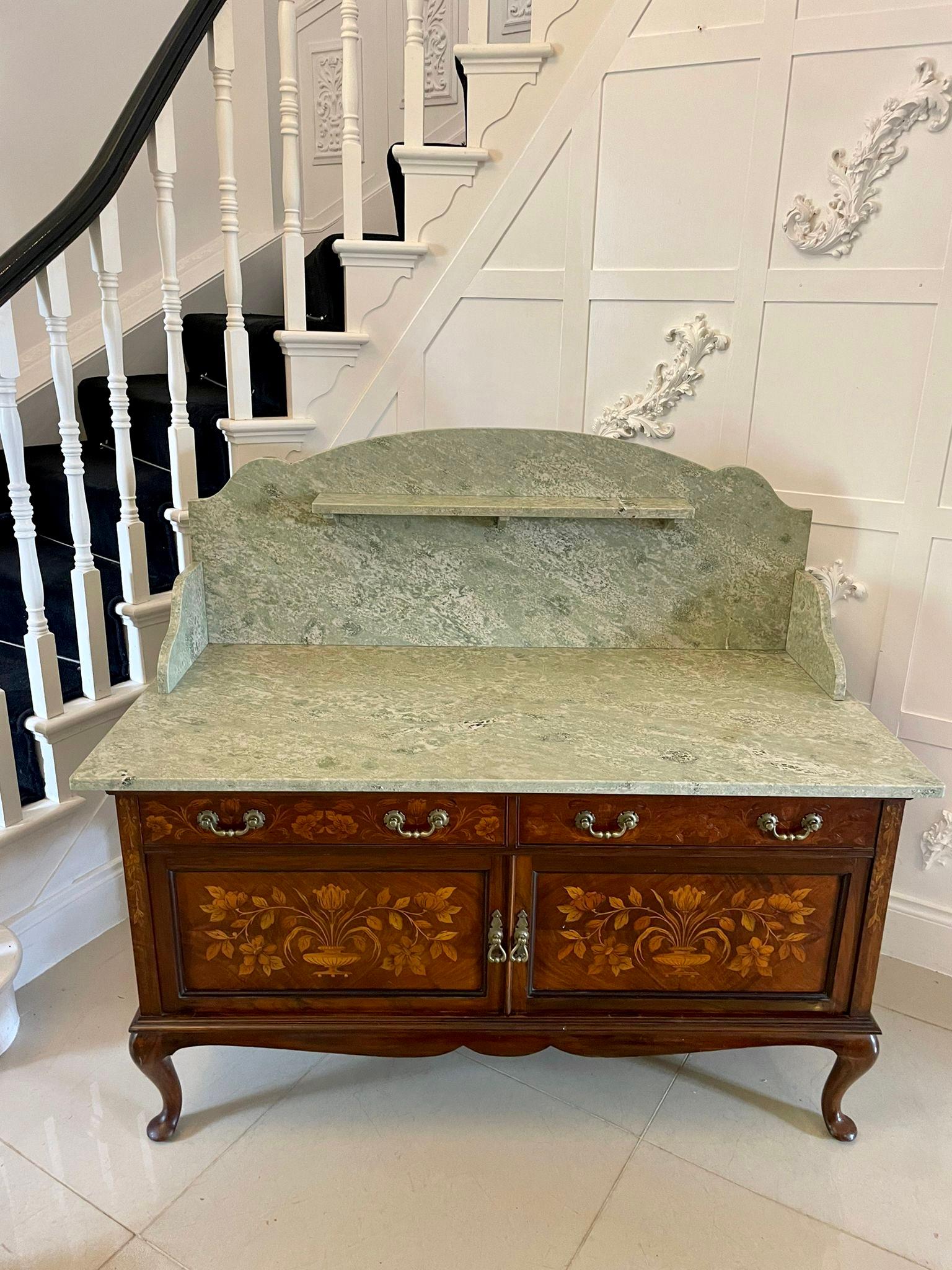 19th Century Antique Quality Walnut Floral Marquetry Inlaid Marble Top Washstand/Cabinet