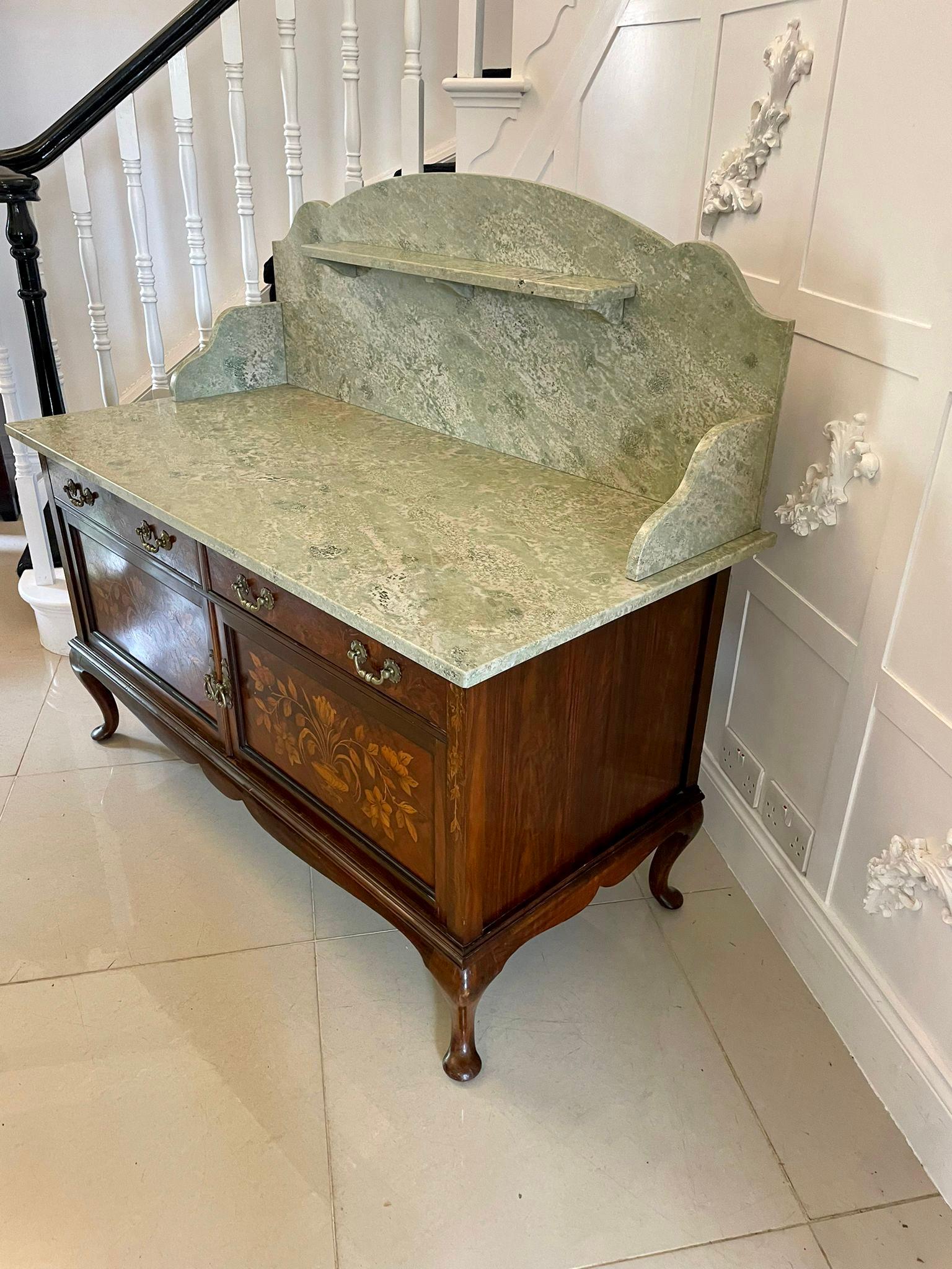 Antique Quality Walnut Floral Marquetry Inlaid Marble Top Washstand/Cabinet 1