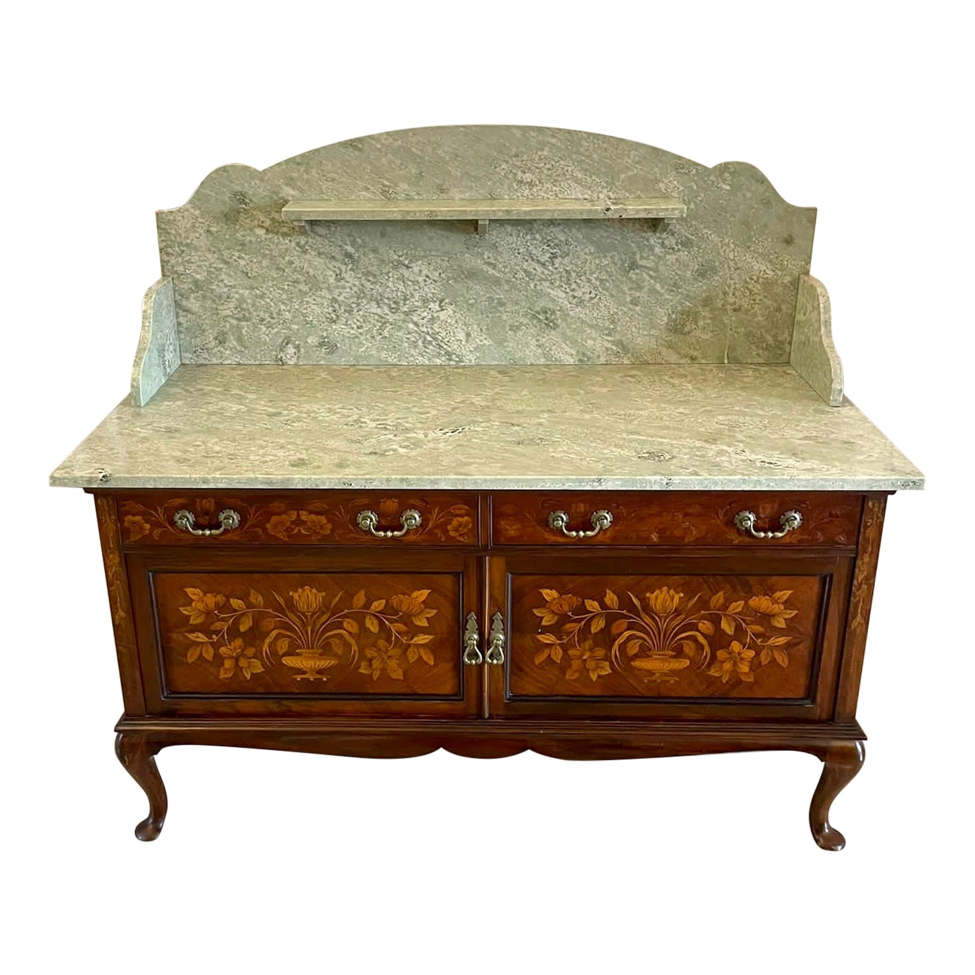 Antique Quality Walnut Floral Marquetry Inlaid Marble Top Washstand/Cabinet