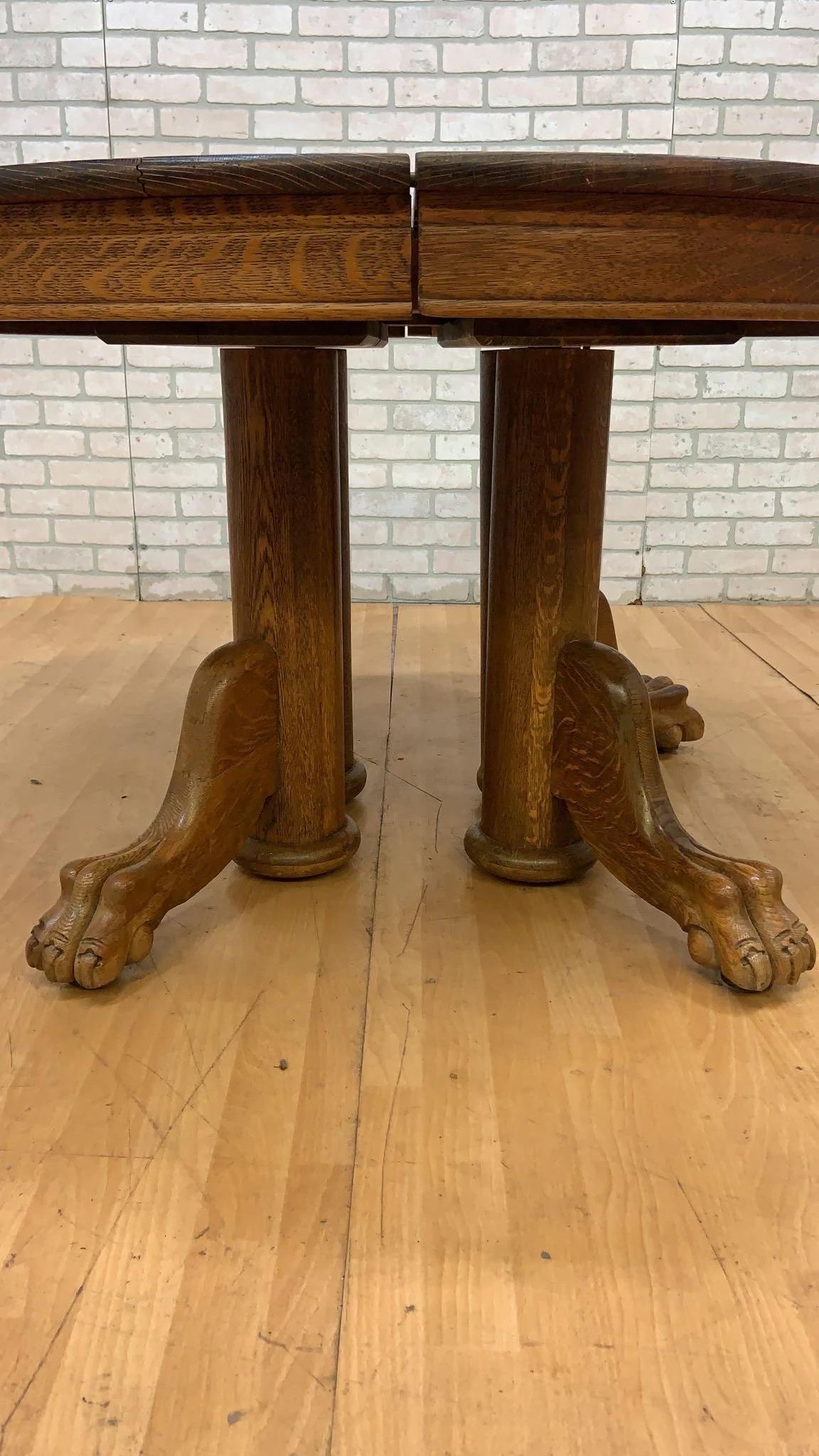 Country Antique Quarter Carved Lion Paw Foot 2 Leaf Dining/Game Table with 4 Chairs For Sale