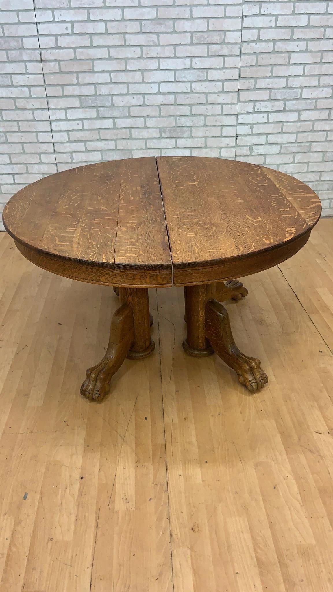 Hand-Carved Antique Quarter Carved Lion Paw Foot 2 Leaf Dining/Game Table with 4 Chairs For Sale