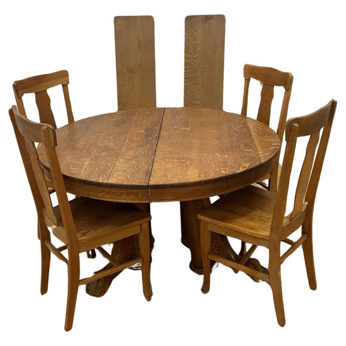 Antique Quarter Carved Lion Paw Foot 2 Leaf Dining/Game Table with 4 Chairs For Sale