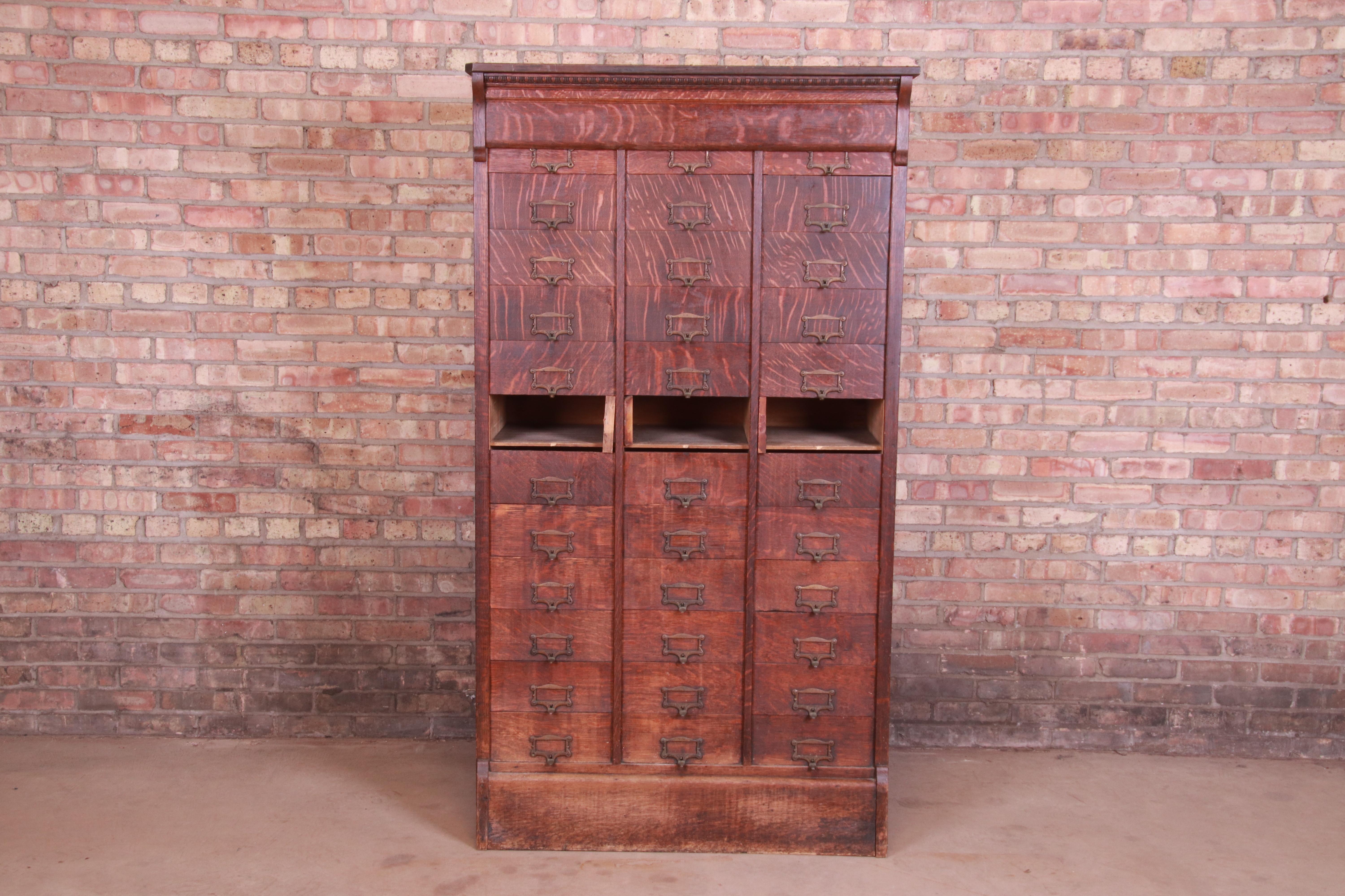 Brass Antique Quarter Sawn Oak 33-Compartment Railroad Filing Cabinet, circa 1890