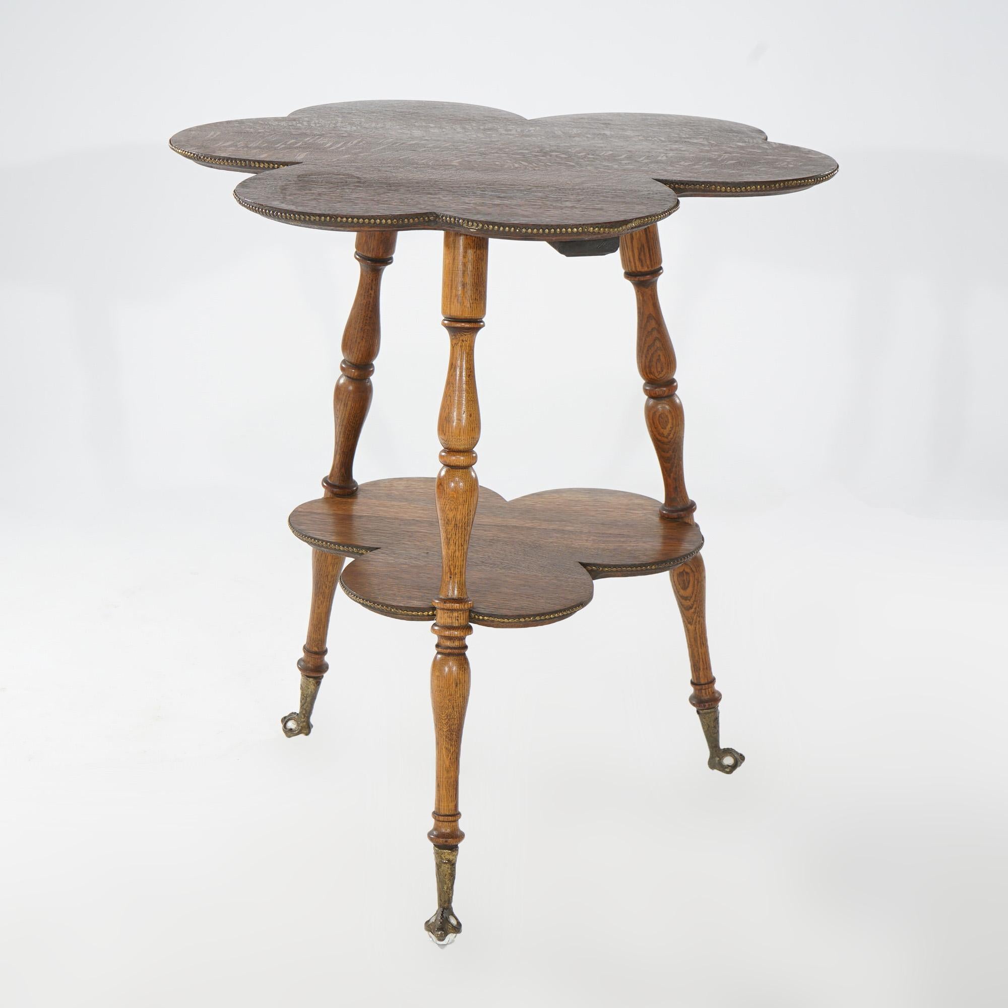 Antique Quarter-Sawn Oak, Brass & Glass Cloverleaf Parlor Table, circa 1900 3