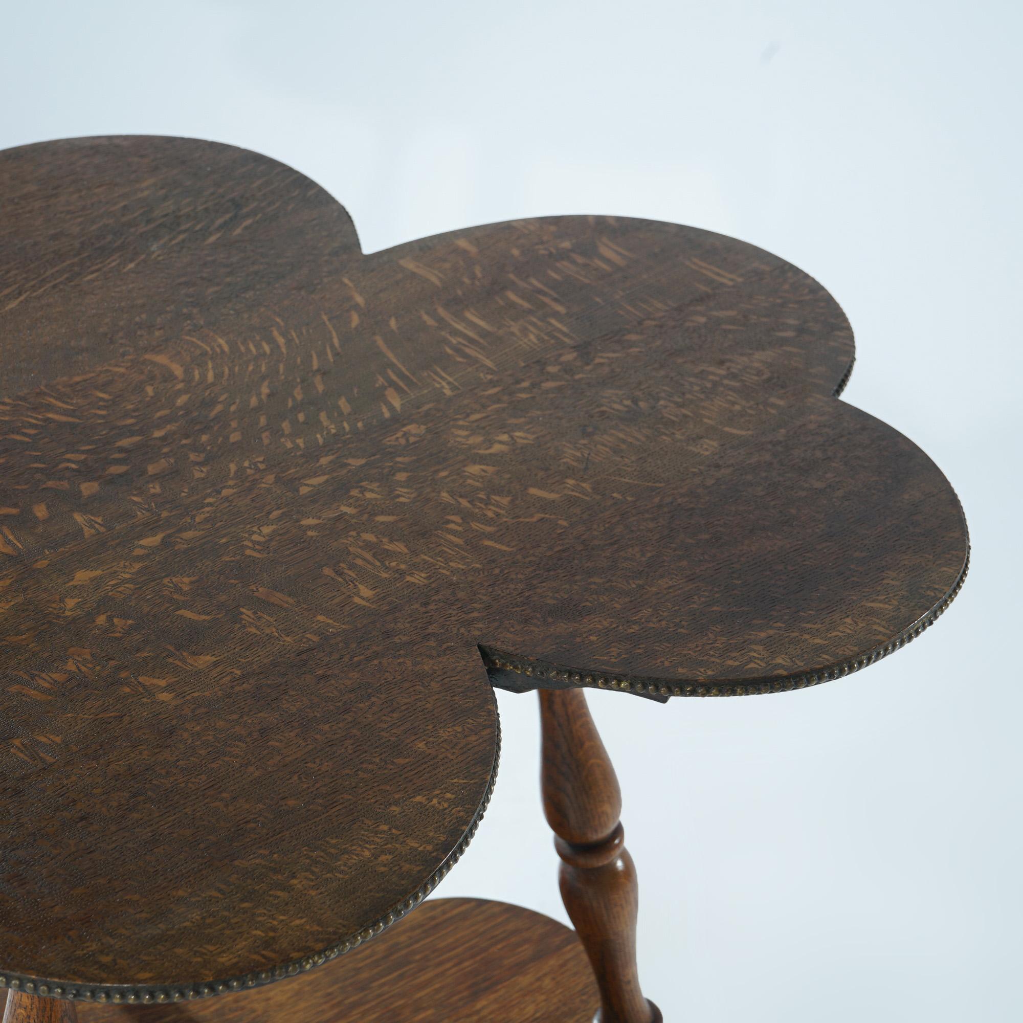 American Antique Quarter-Sawn Oak, Brass & Glass Cloverleaf Parlor Table, circa 1900