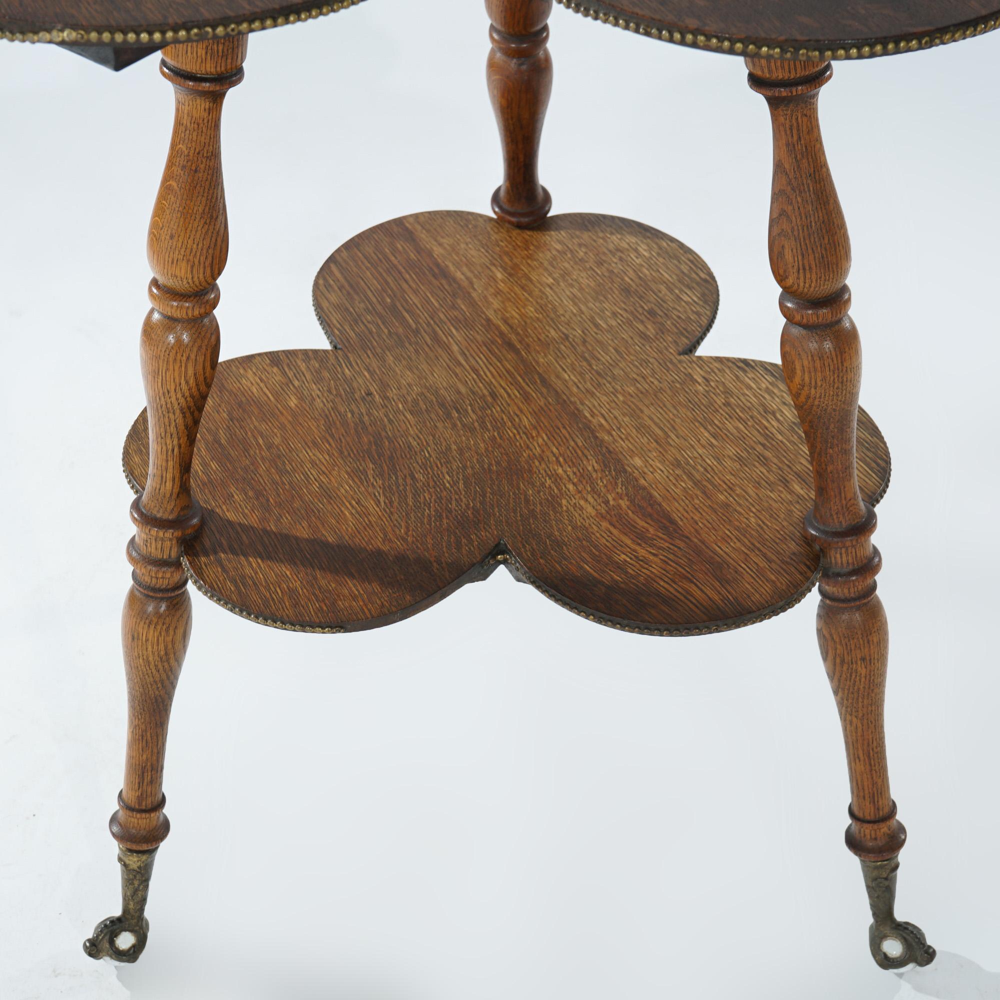 20th Century Antique Quarter-Sawn Oak, Brass & Glass Cloverleaf Parlor Table, circa 1900