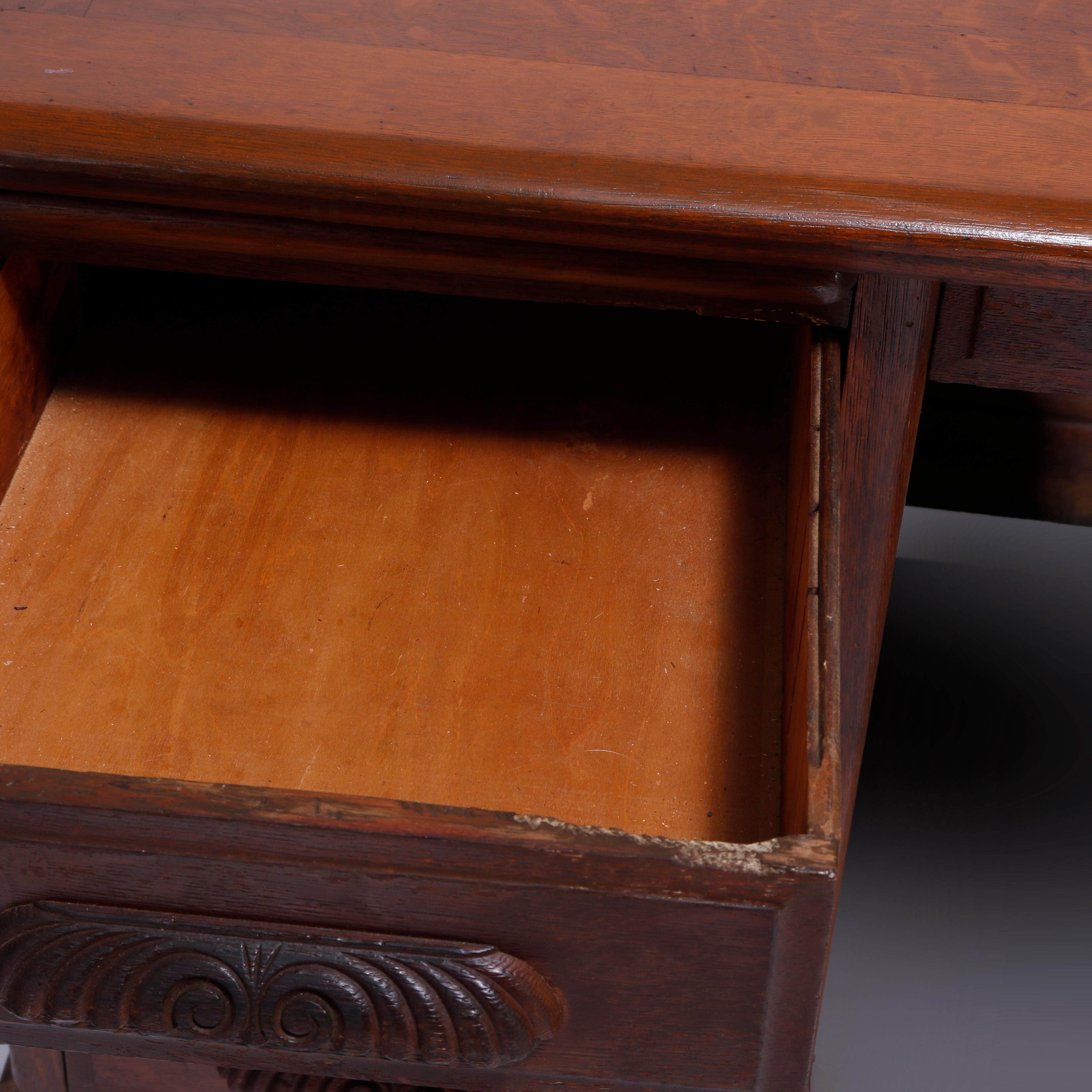Antique Quarter Sawn Oak Knee Hole Desk with Raised Panels & Carved Pulls C1900 4