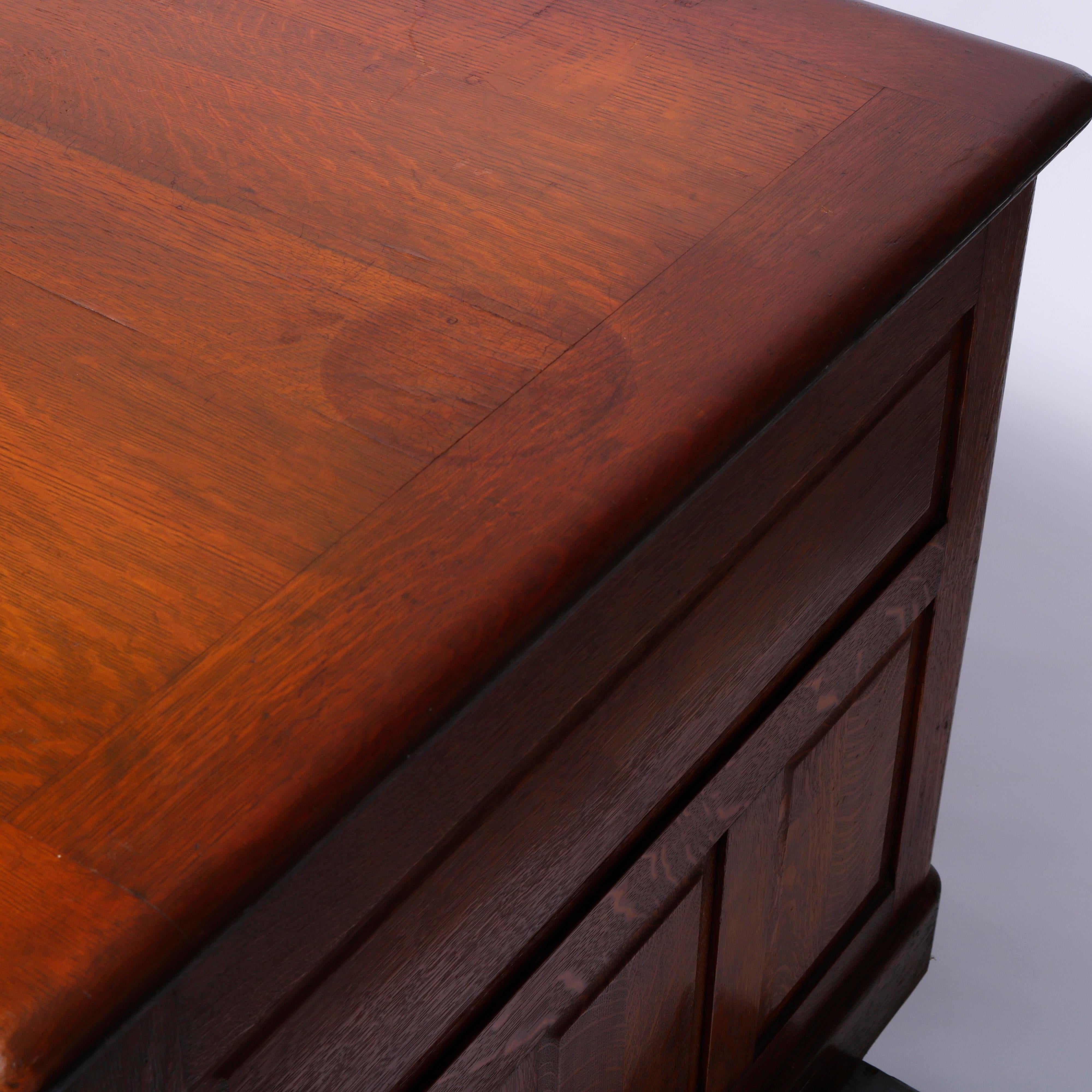 Antique Quarter Sawn Oak Knee Hole Desk with Raised Panels & Carved Pulls C1900 5