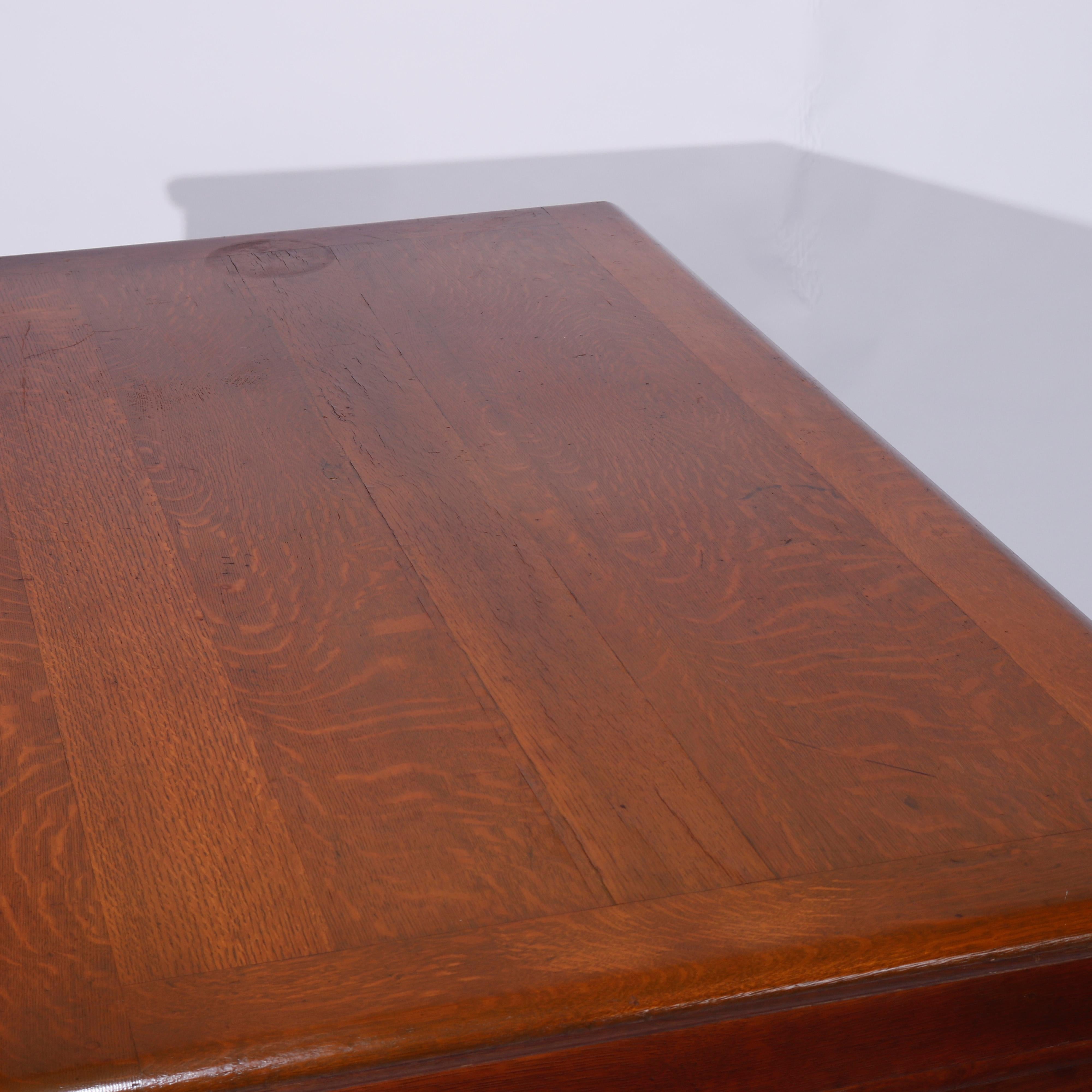 Antique Quarter Sawn Oak Knee Hole Desk with Raised Panels & Carved Pulls C1900 7