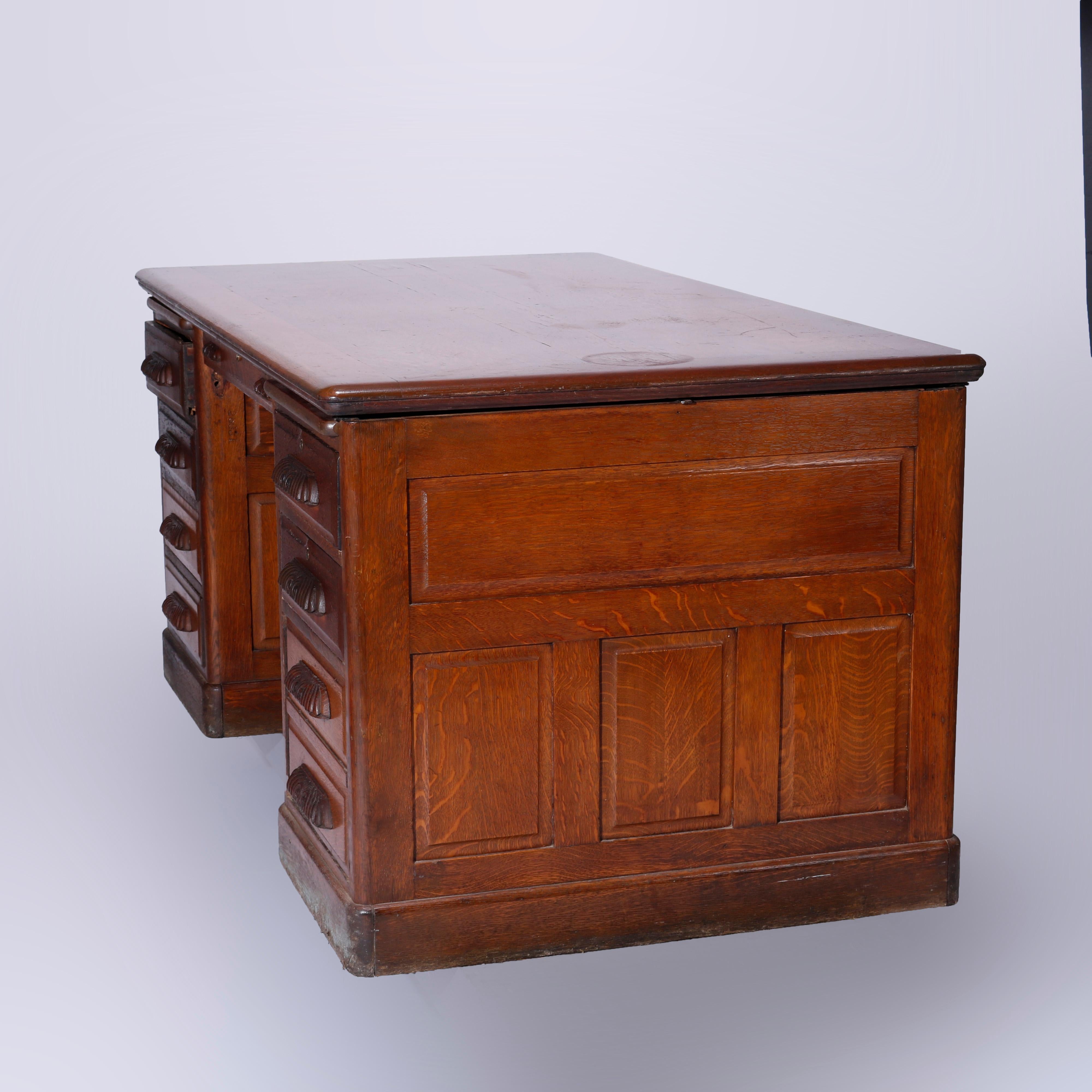 Antique Quarter Sawn Oak Knee Hole Desk with Raised Panels & Carved Pulls C1900 8