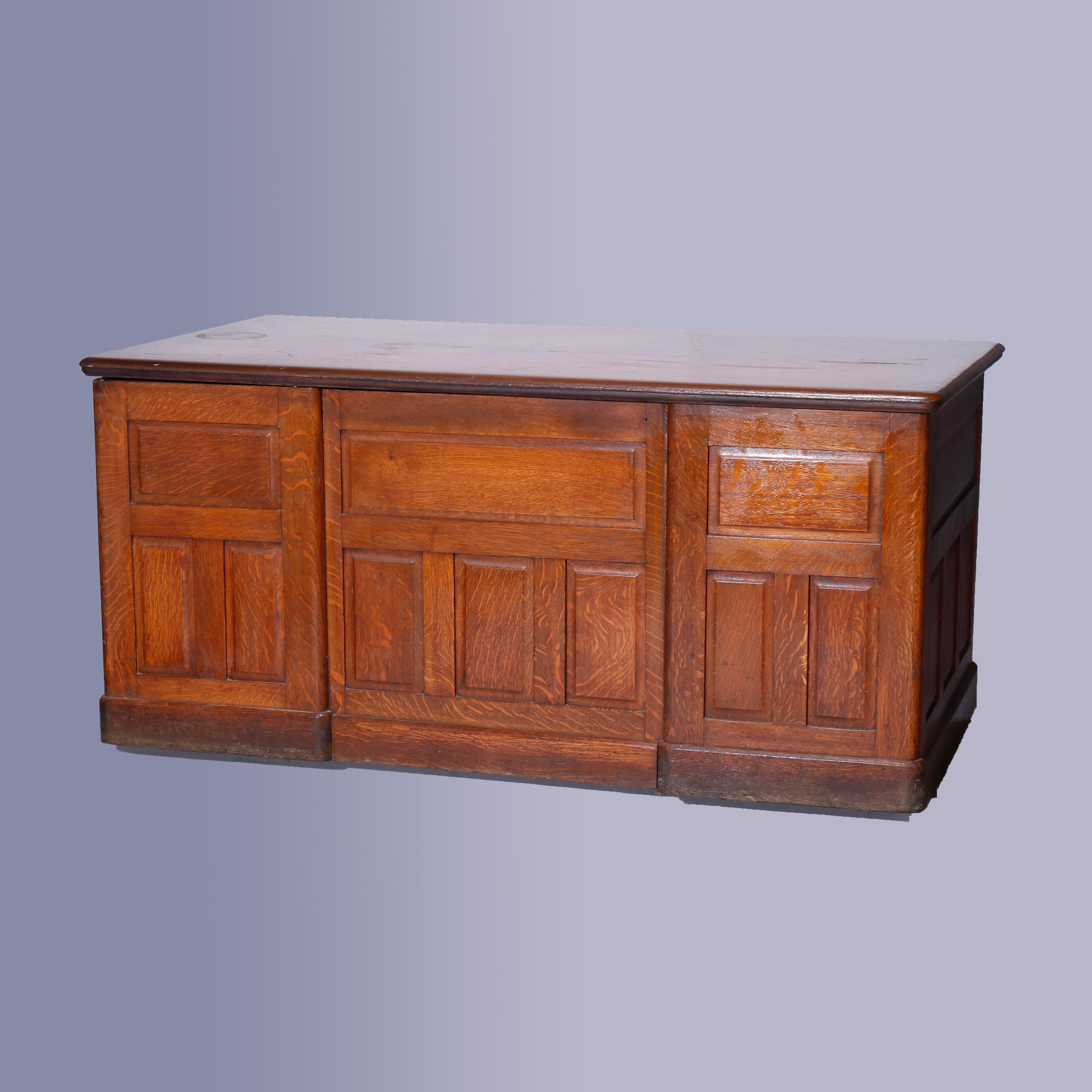 Antique Quarter Sawn Oak Knee Hole Desk with Raised Panels & Carved Pulls C1900 9