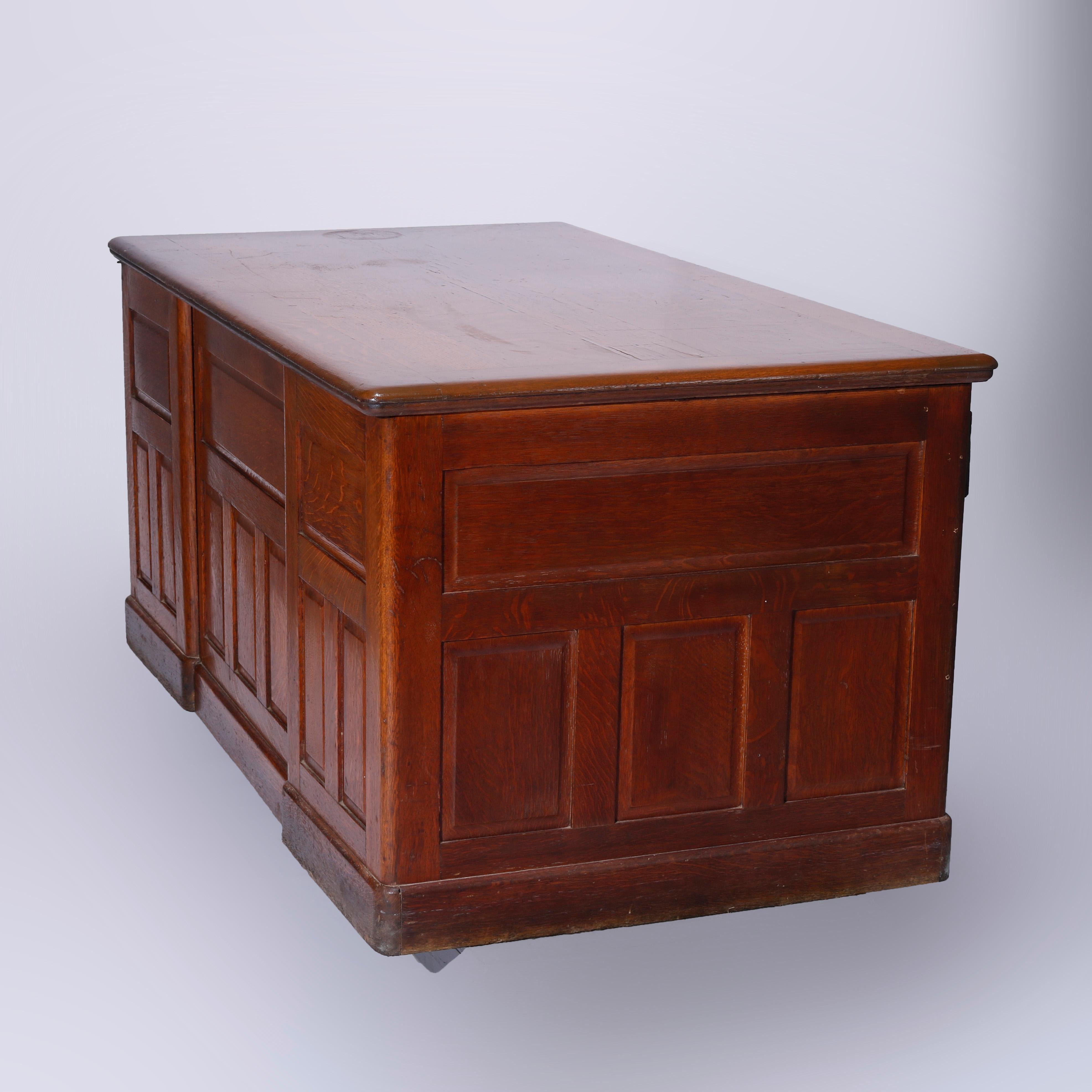 Antique Quarter Sawn Oak Knee Hole Desk with Raised Panels & Carved Pulls C1900 10