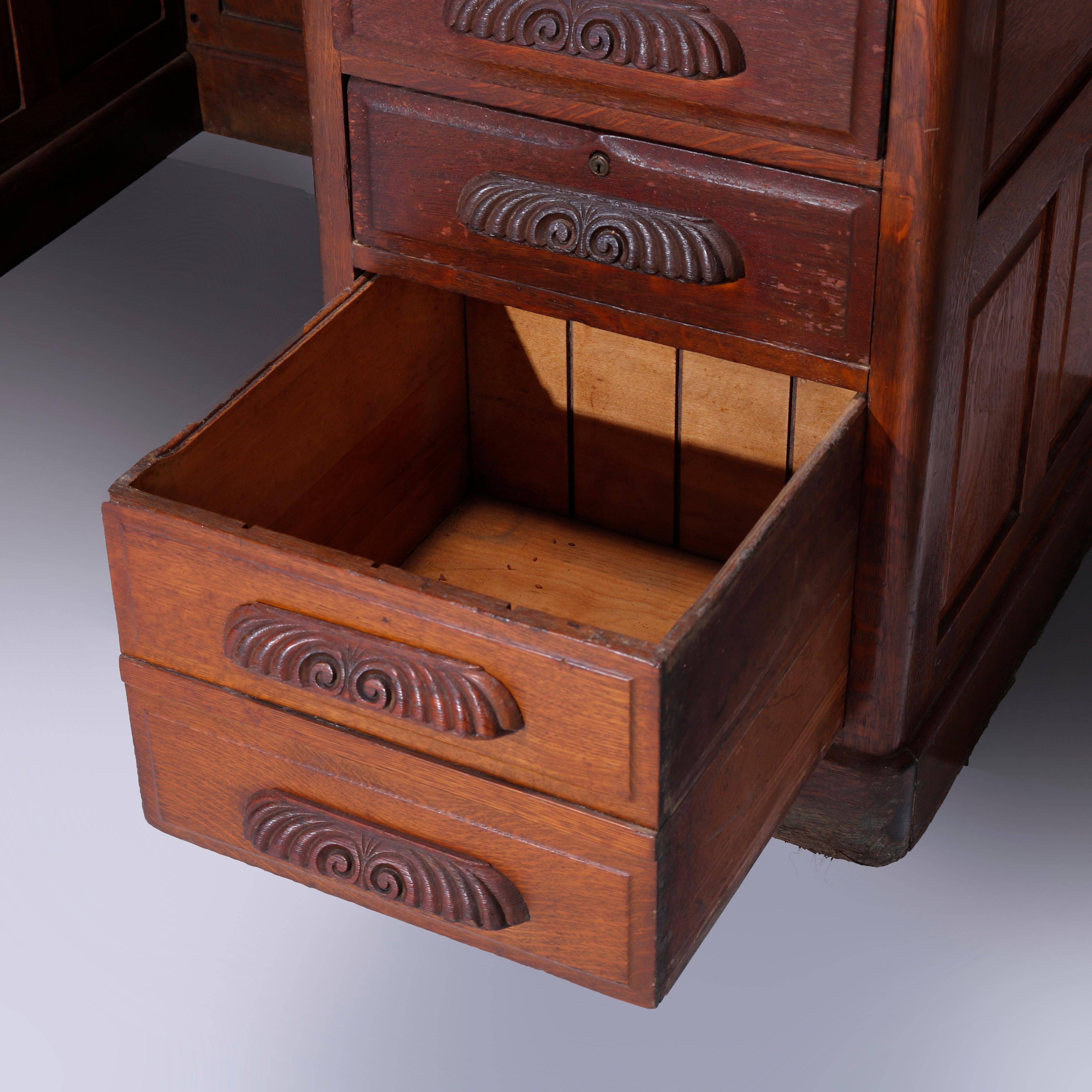 Antique Quarter Sawn Oak Knee Hole Desk with Raised Panels & Carved Pulls C1900 In Good Condition In Big Flats, NY