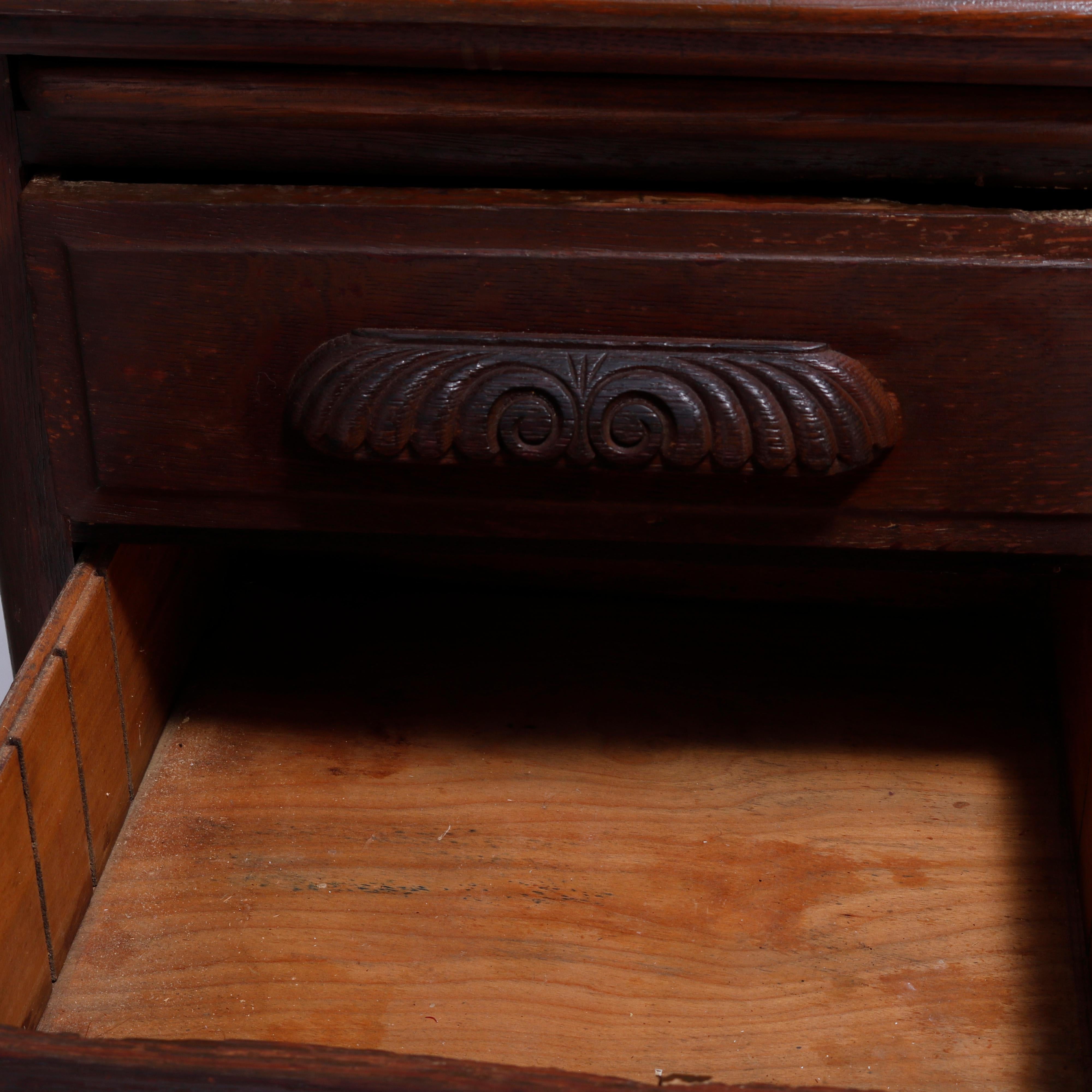 Antique Quarter Sawn Oak Knee Hole Desk with Raised Panels & Carved Pulls C1900 1