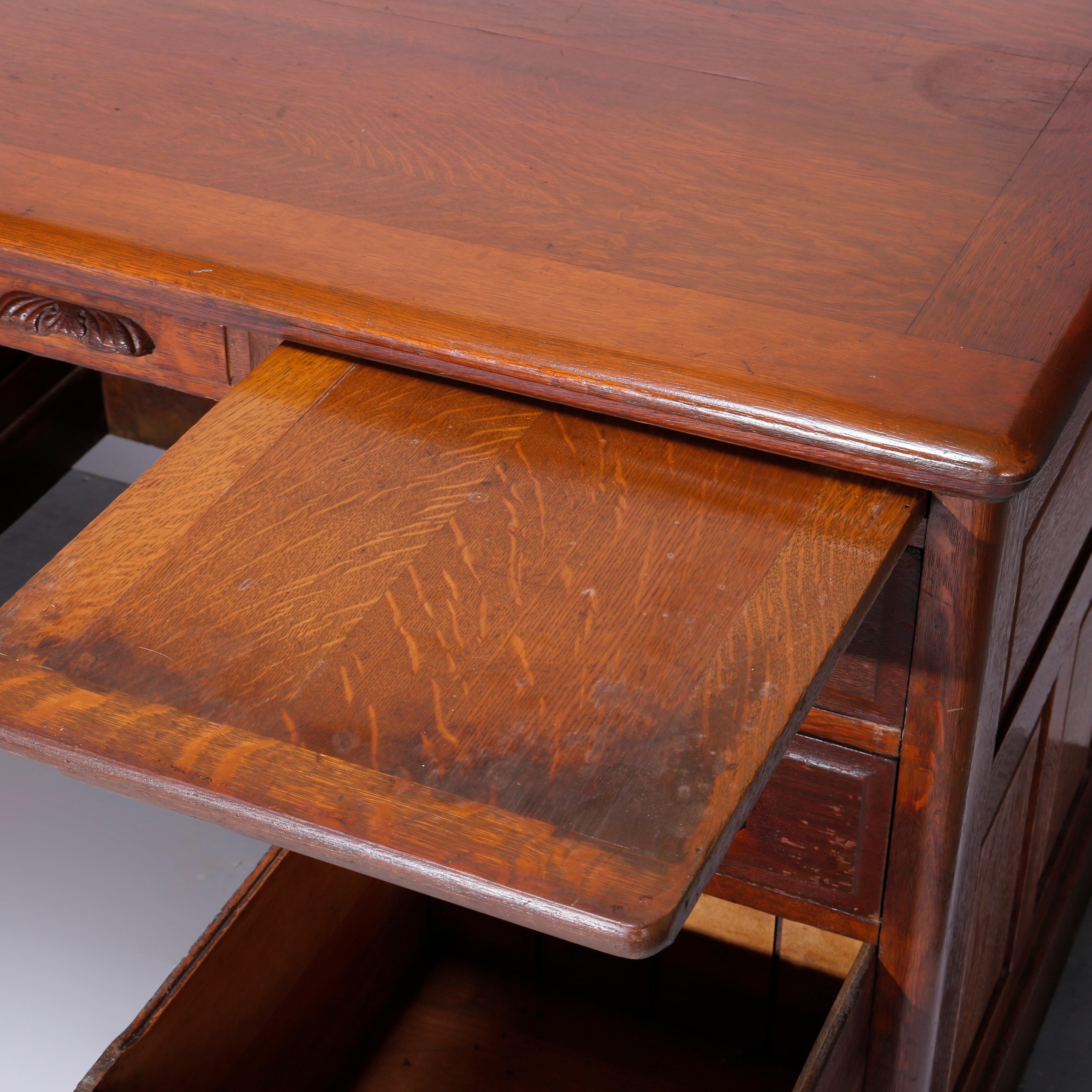 Antique Quarter Sawn Oak Knee Hole Desk with Raised Panels & Carved Pulls C1900 2
