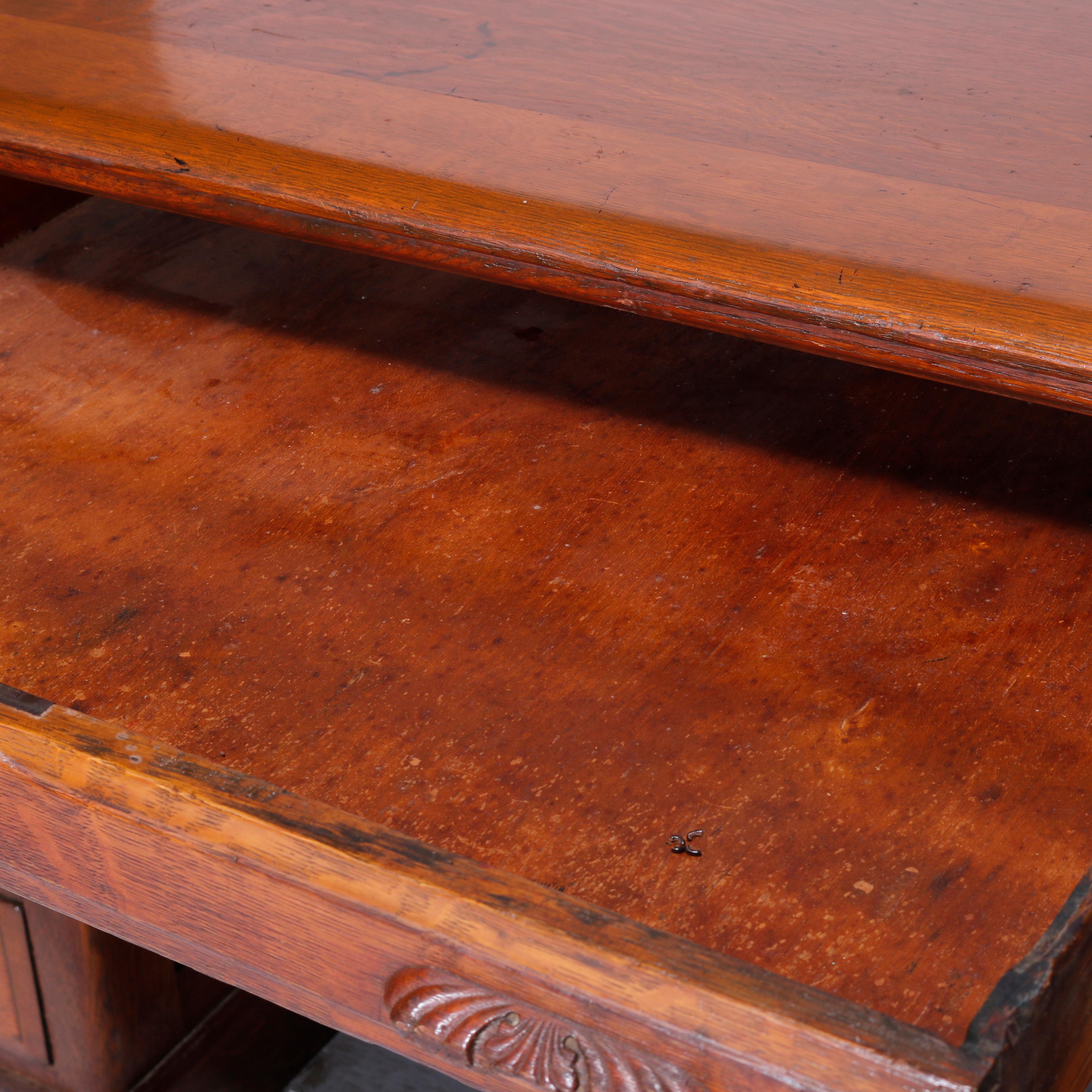 Antique Quarter Sawn Oak Knee Hole Desk with Raised Panels & Carved Pulls C1900 3