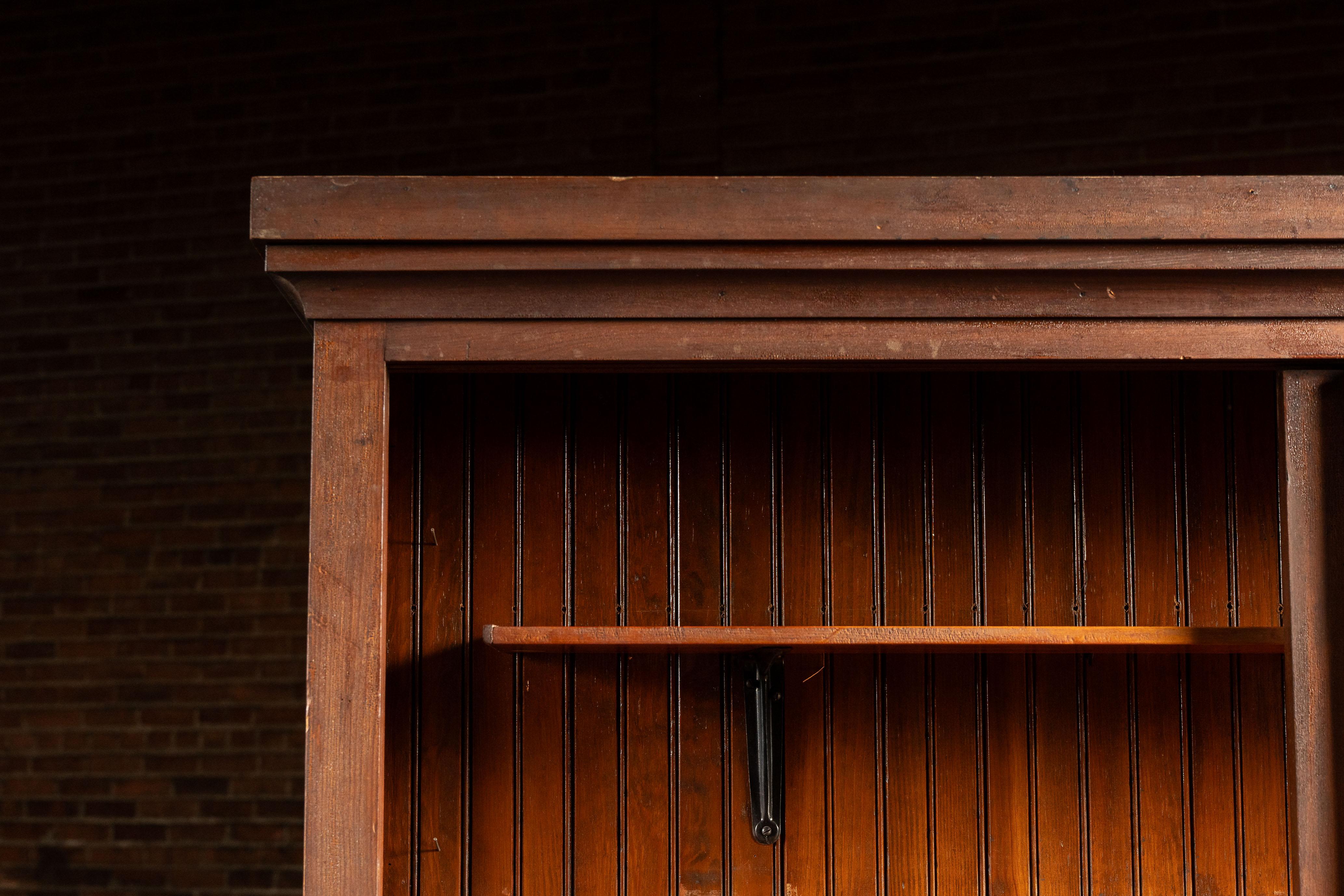 Antique Quarter Sawn Oak Merchandising Showcase Cabinet with Sliding Glass Doors For Sale 9