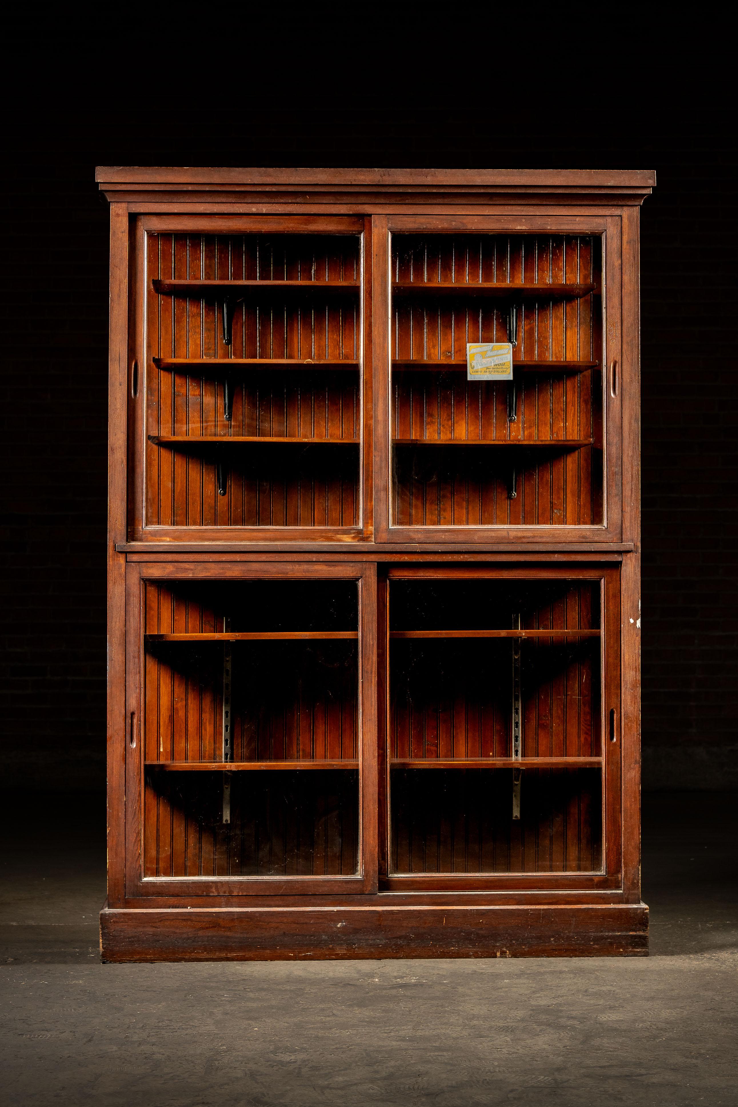 American Craftsman Antique Quarter Sawn Oak Merchandising Showcase Cabinet with Sliding Glass Doors For Sale